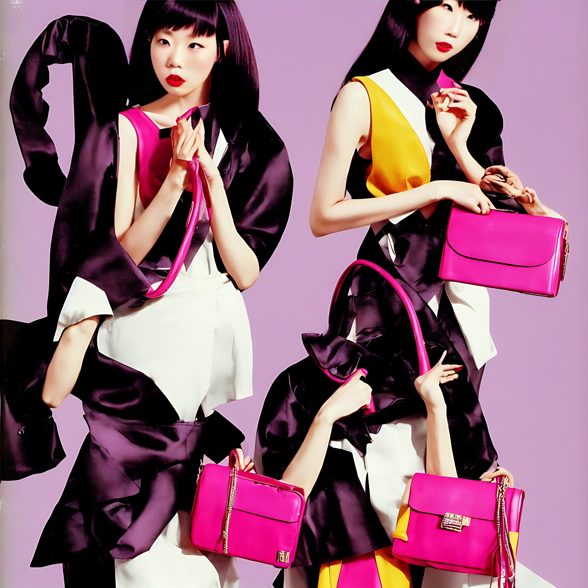 Three models with dark hair pose in 1990s-style clothing and hot pink handbags against a purple background.