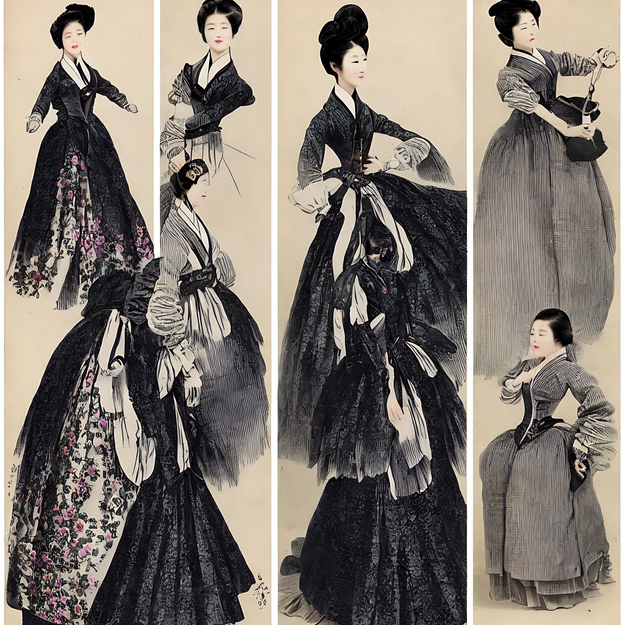 Collage of 1800s Korean women in various black and white striped dresses.