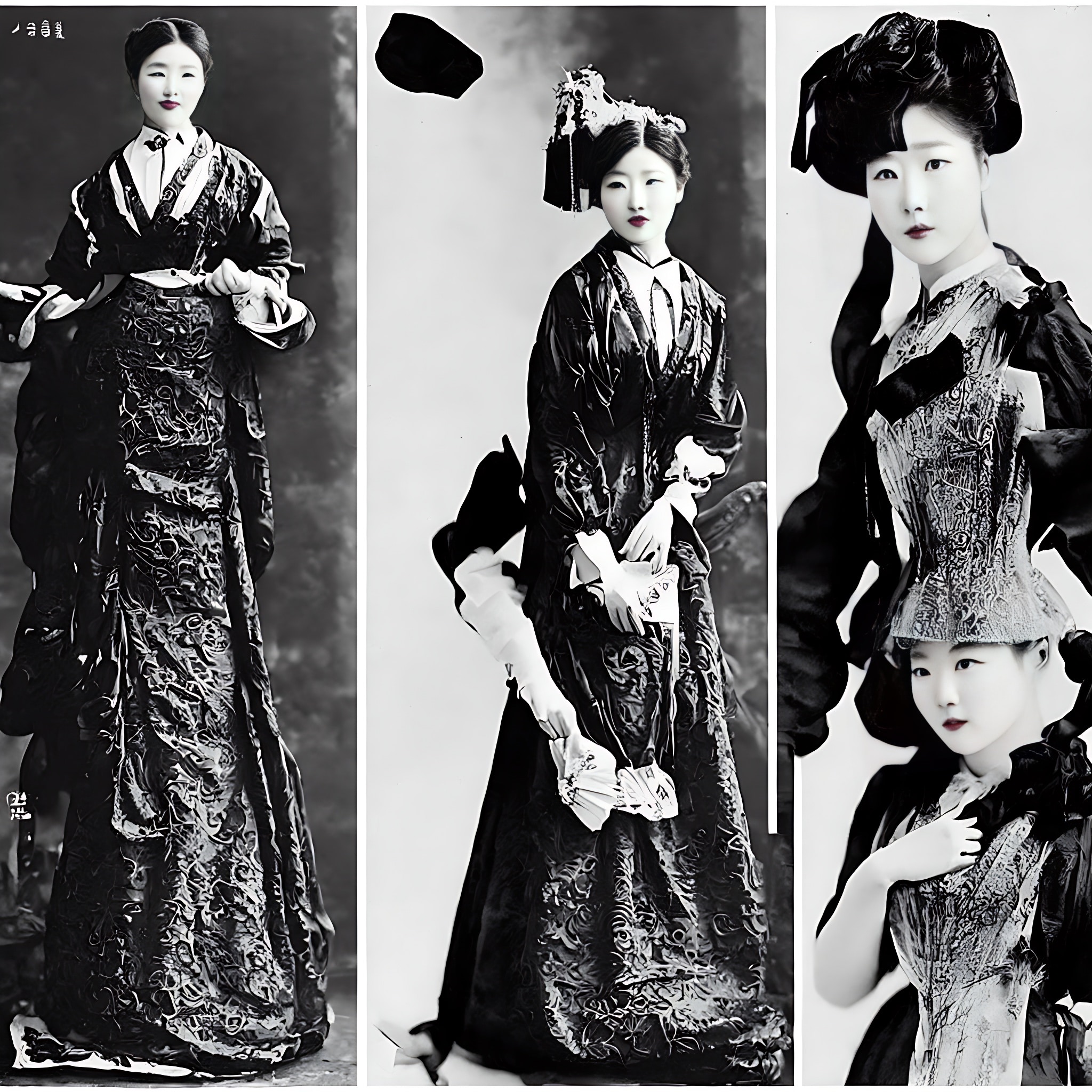 Triptych of black and white photos of women in early 1900s Korean fashion.