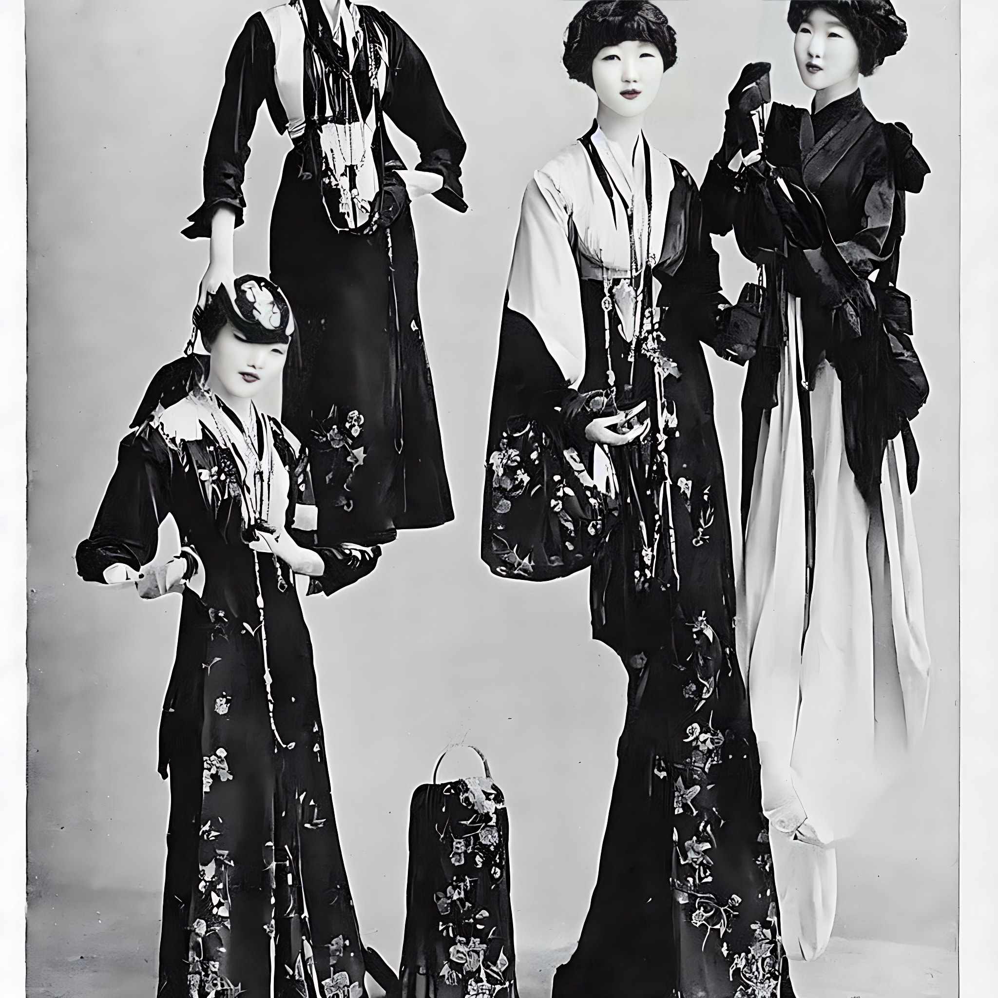 Black and white photo of four women in 1910s Korean fashion.