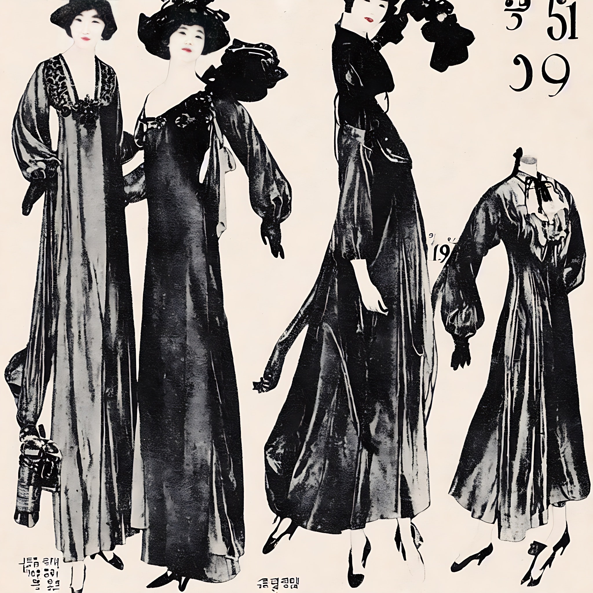 1910s Korean fashion advertisement showing women in black dresses.