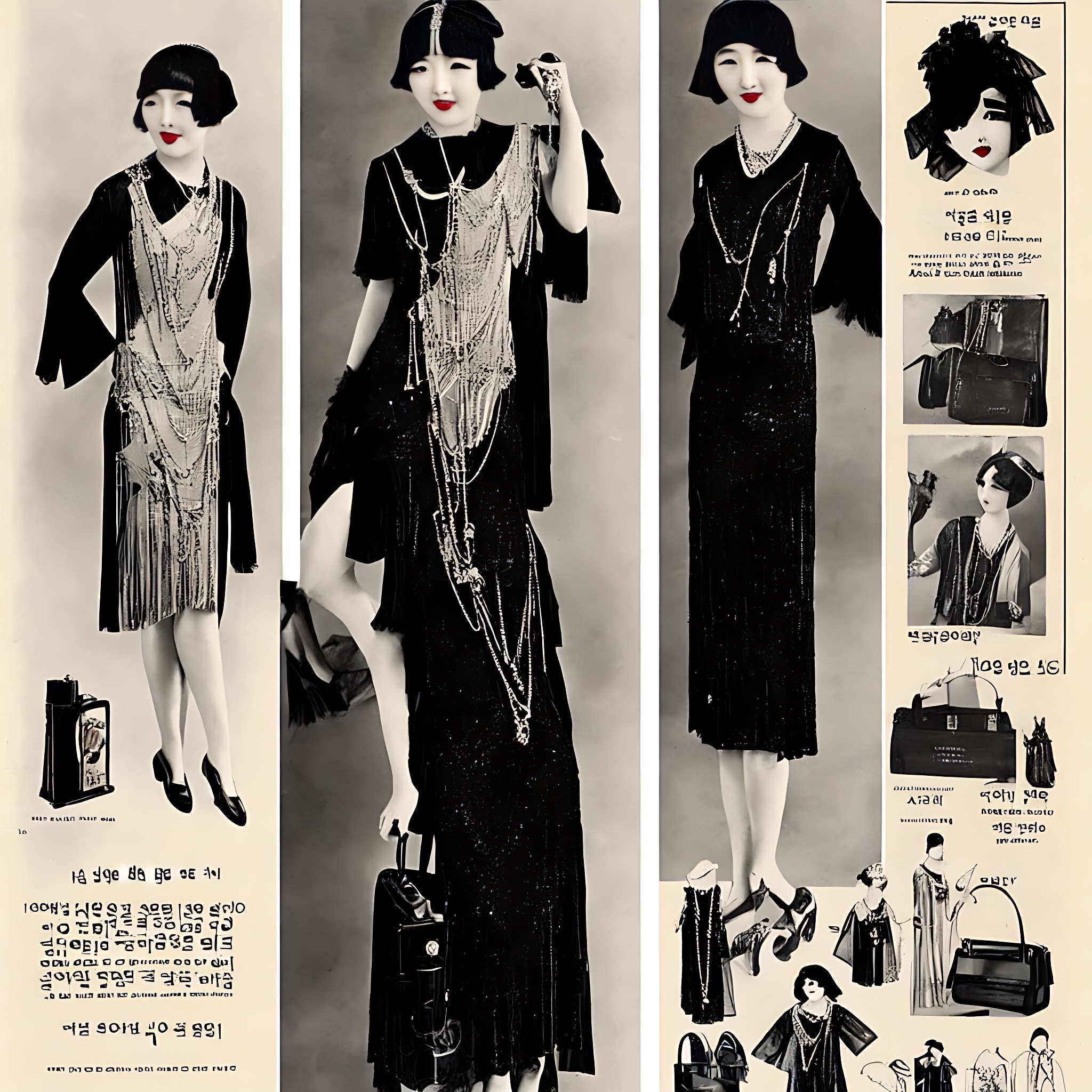 1920s Korean fashion advertisement featuring a woman in a black flapper dress and various accessories.