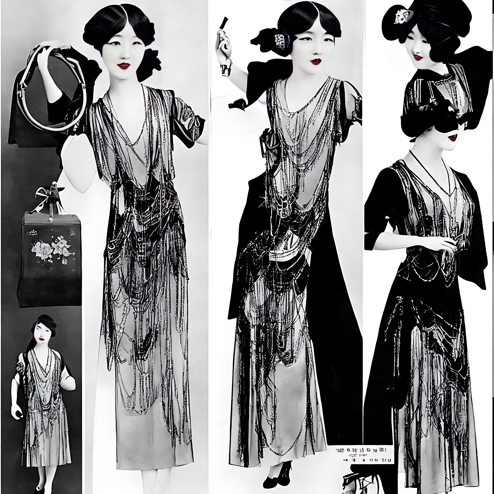 1920s Korean fashion advertisement featuring a woman in several beaded flapper dresses.
