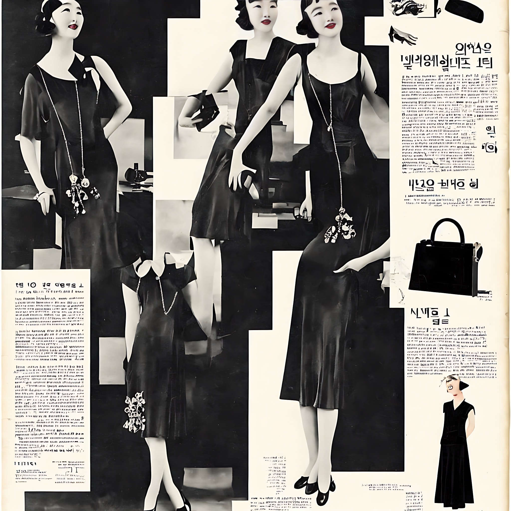 1930s Korean fashion advertisement featuring women in black dresses and accessories.