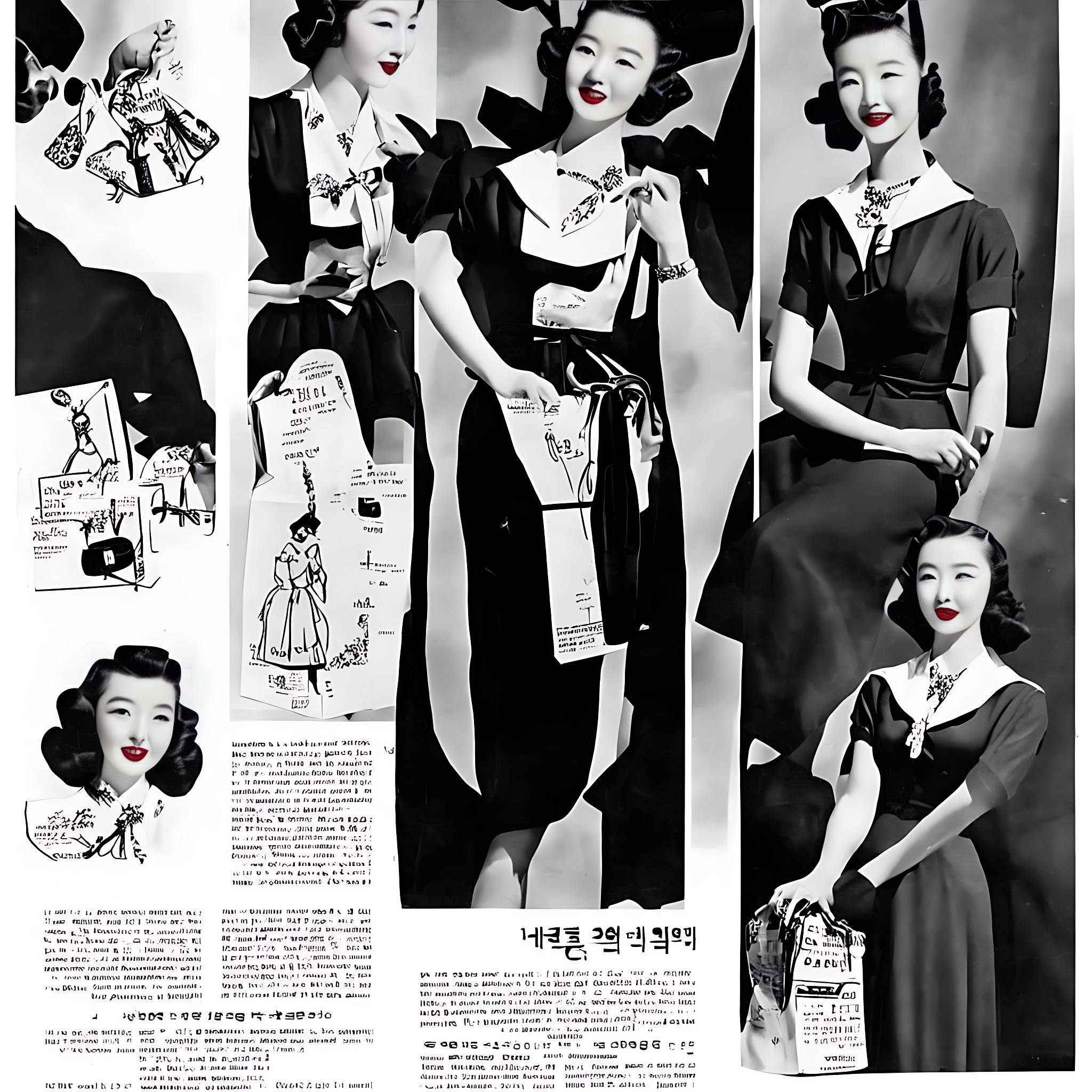 Black and white 1940s Korean fashion advertisement featuring women in stylish dresses.