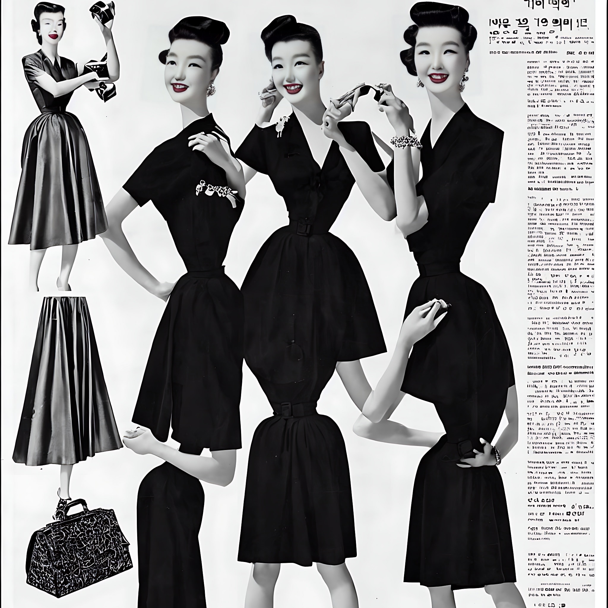 1950s black and white Korean fashion advertisement featuring models in various black dresses.