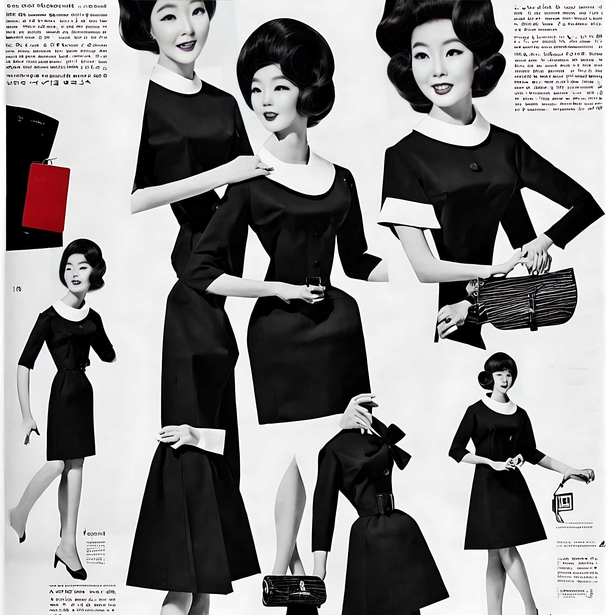 1960s black and white Korean fashion advertisement featuring models in various short-sleeved A-line dresses.