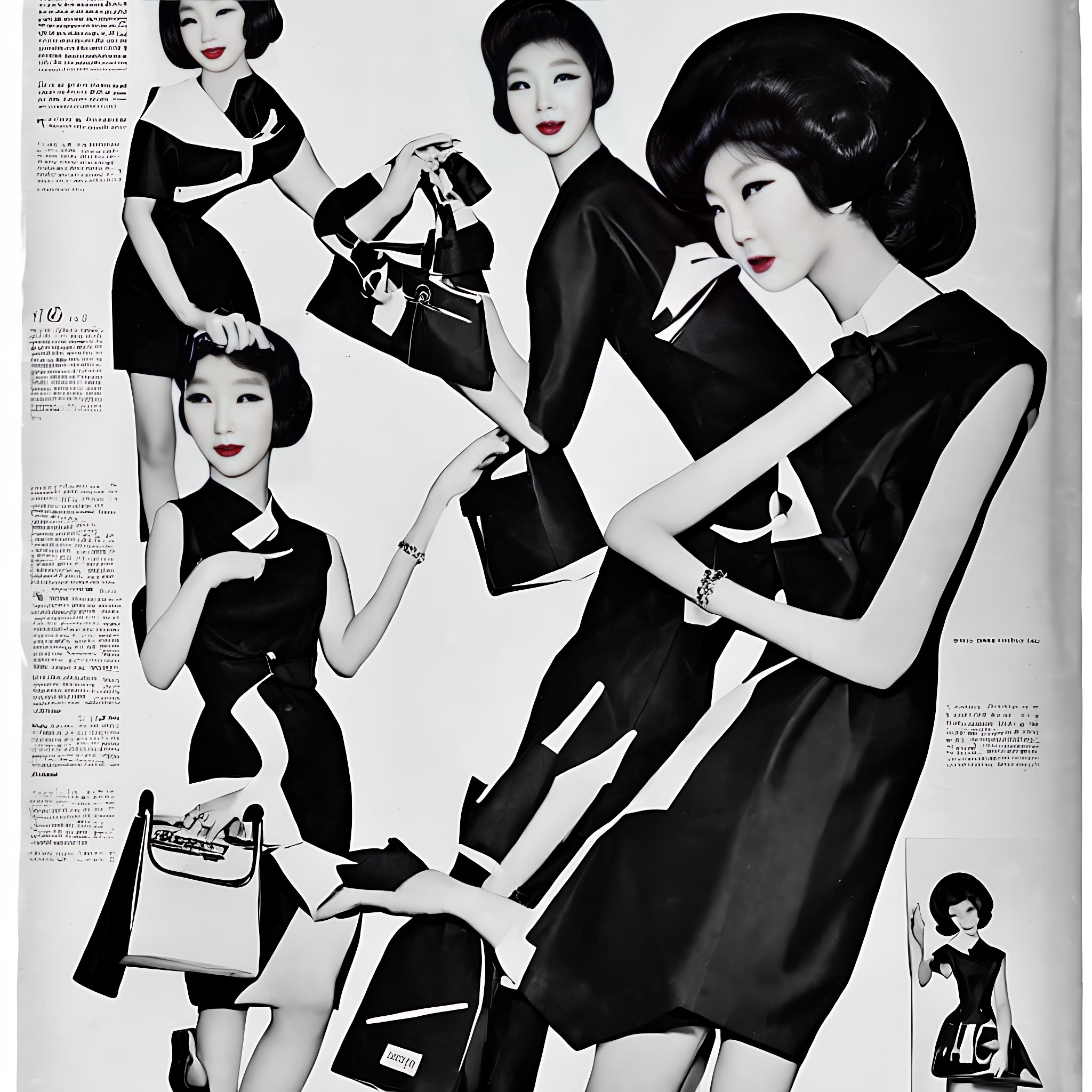 1960s black and white Korean fashion advertisement featuring models in short black dresses and carrying handbags.