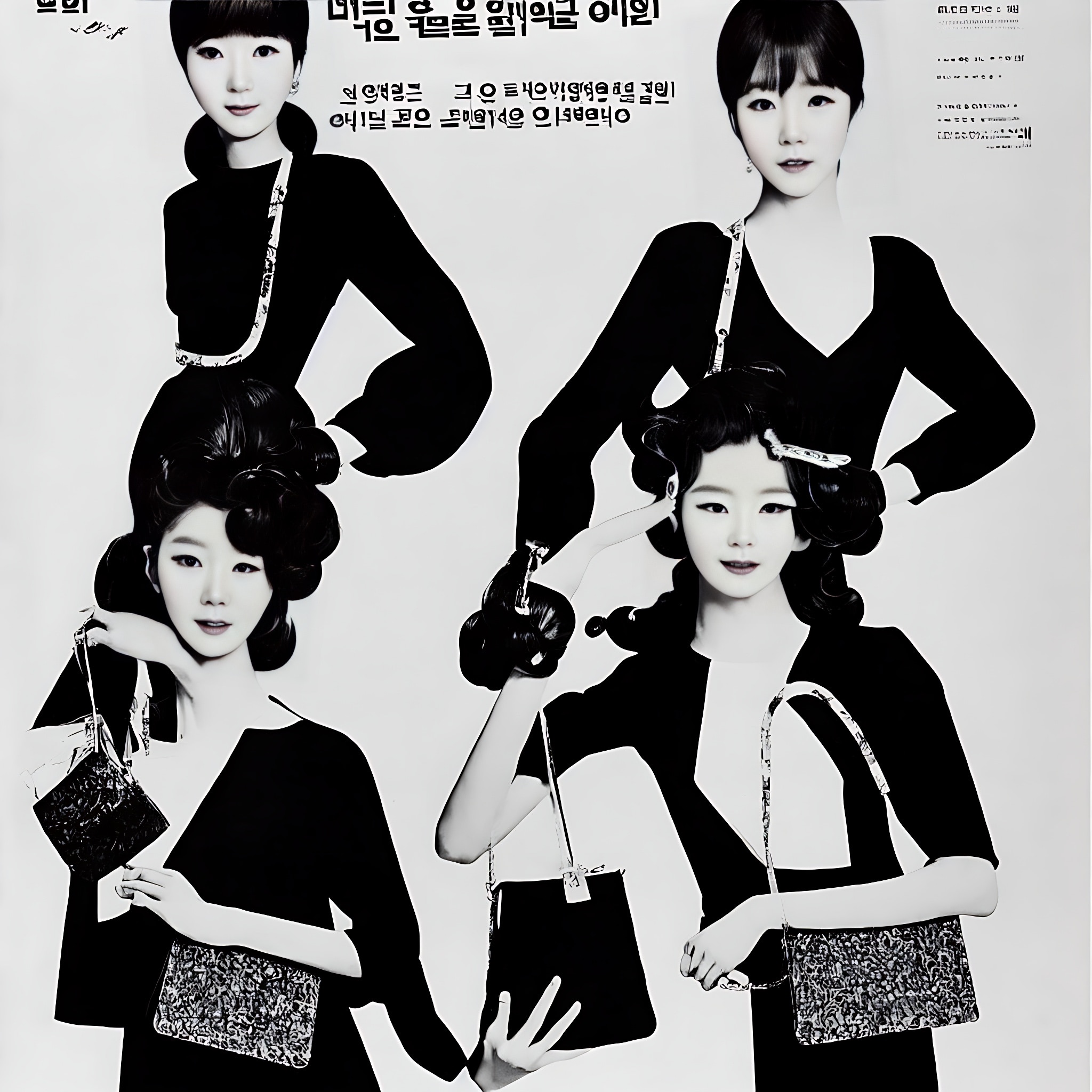1970s Korean fashion advertisement featuring four women in black dresses and carrying textured handbags.