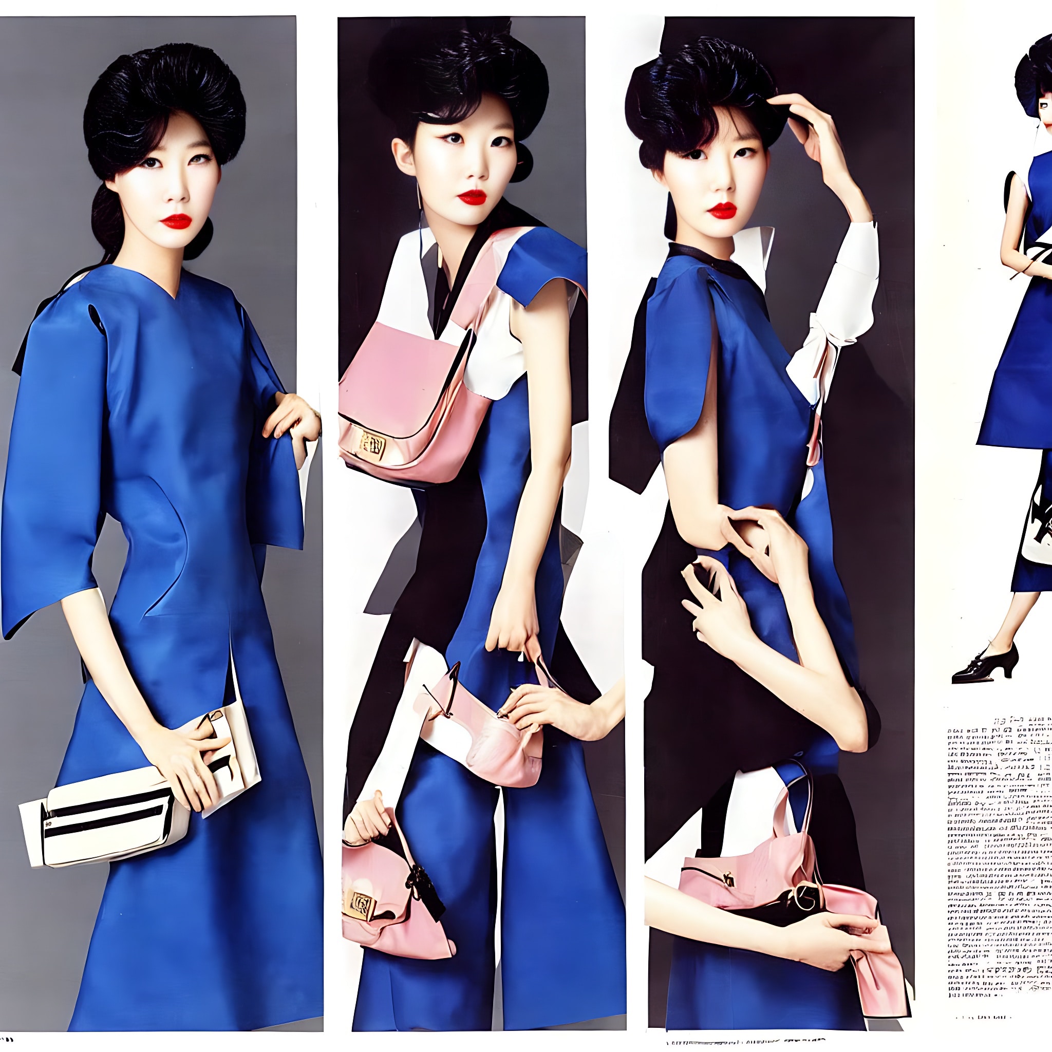1980s Korean fashion advertisement featuring a model in a blue dress and various pink handbags.