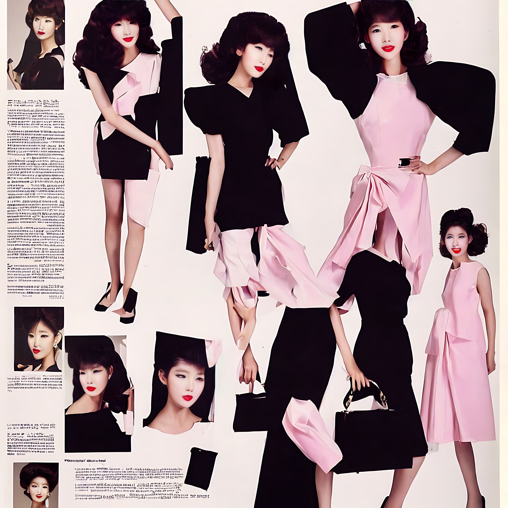 1980s Korean fashion advertisement featuring models in various black and pink dresses.