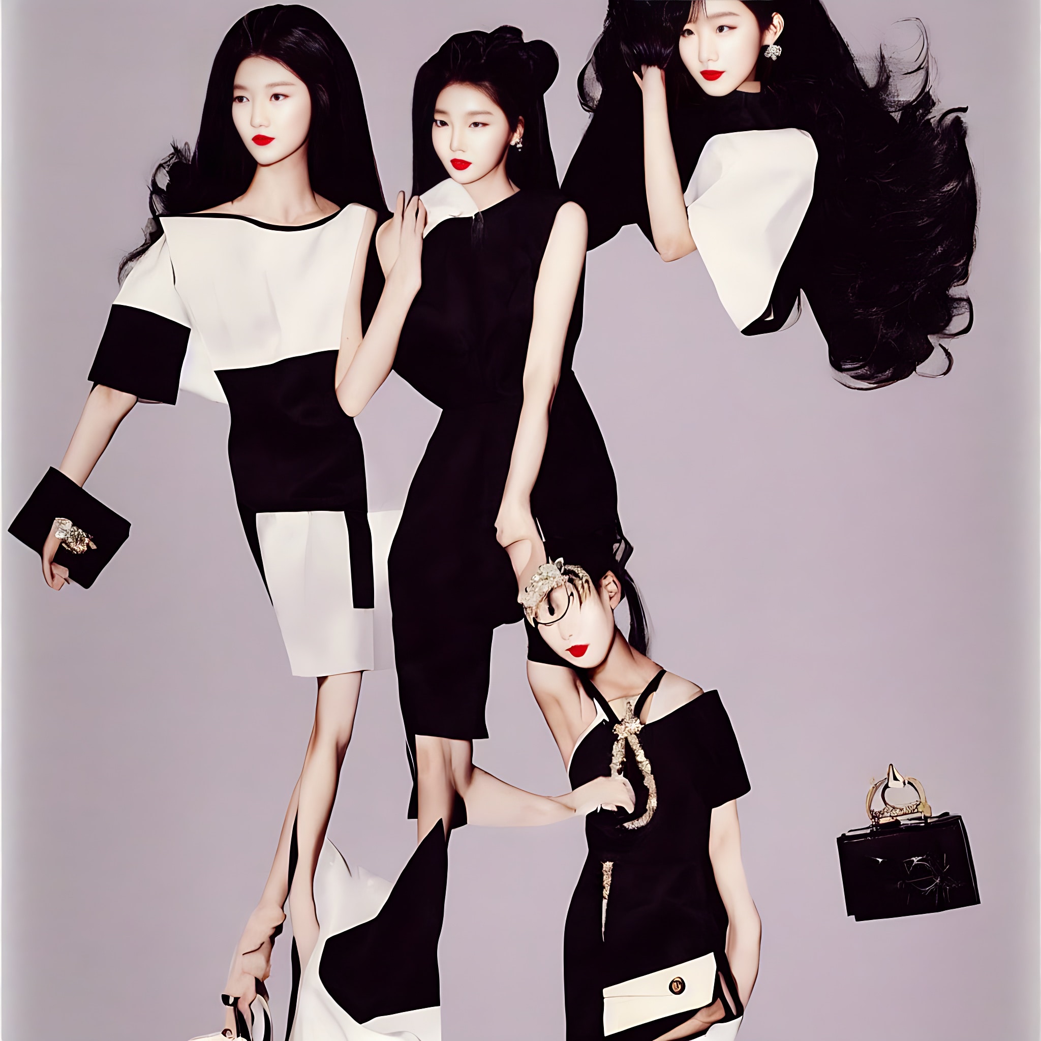 1990s Korean fashion advertisement featuring four models in black and white dresses and accessories.