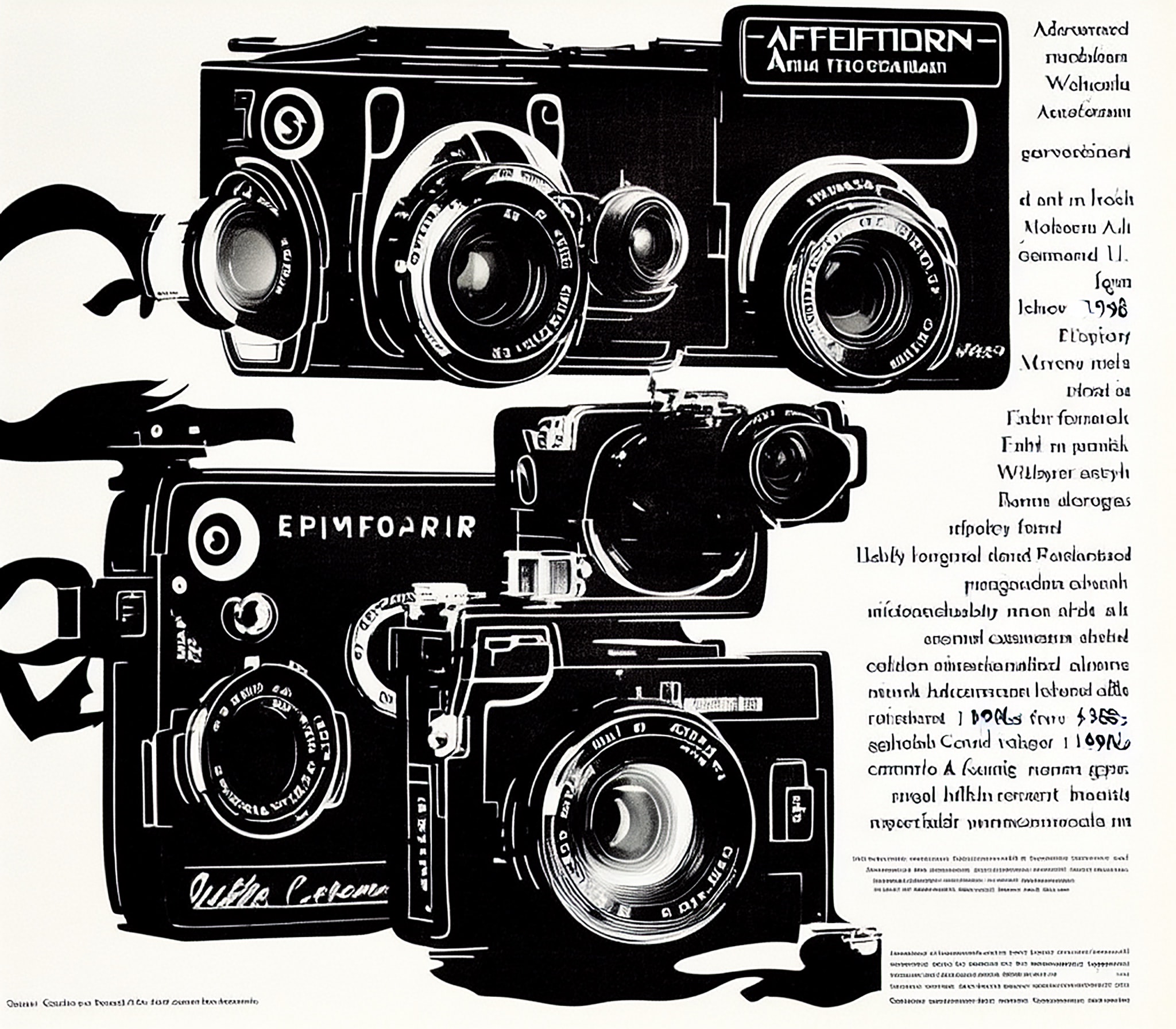 Black and white poster featuring stylized illustrations of vintage cameras.