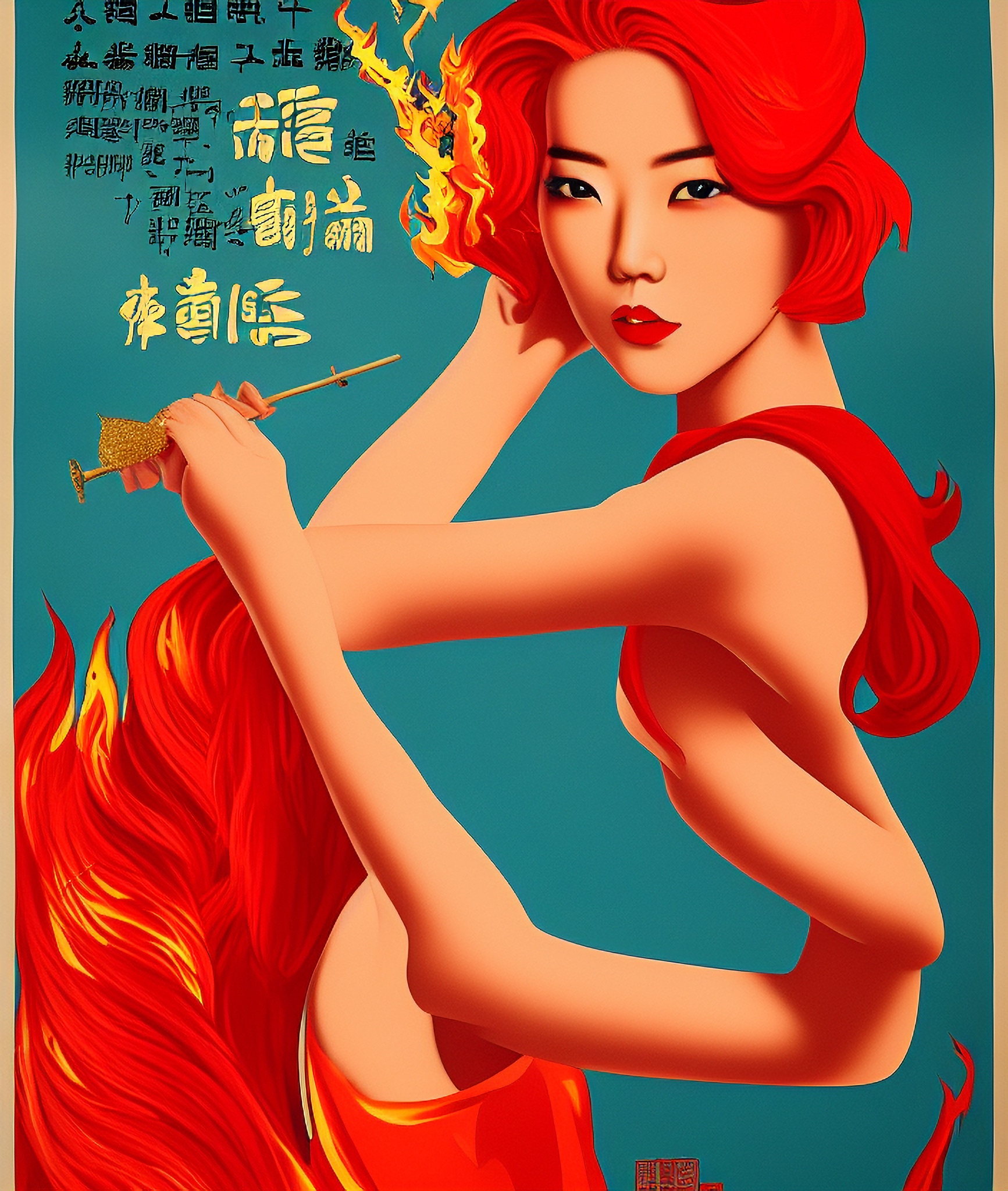 Vintage Hong Kong movie poster featuring a woman with fiery red hair and dress.