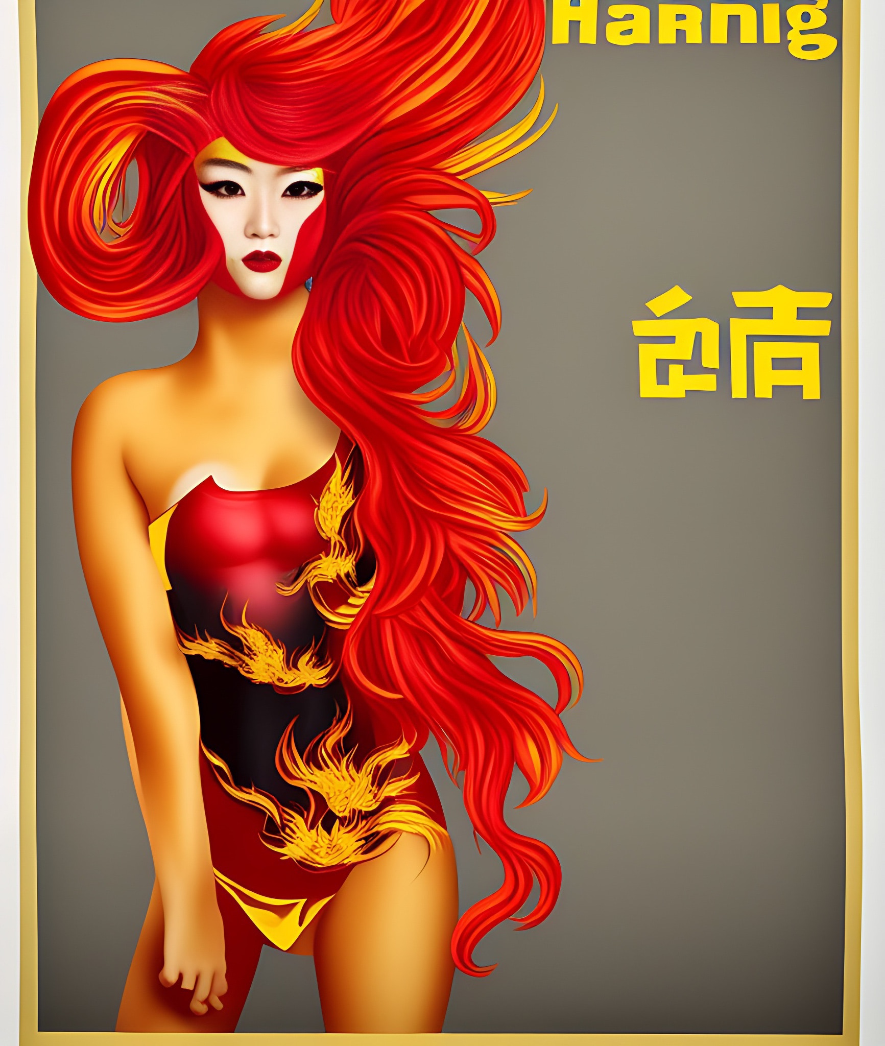 Vintage movie poster featuring a woman with fiery red hair and a red and gold bodysuit.