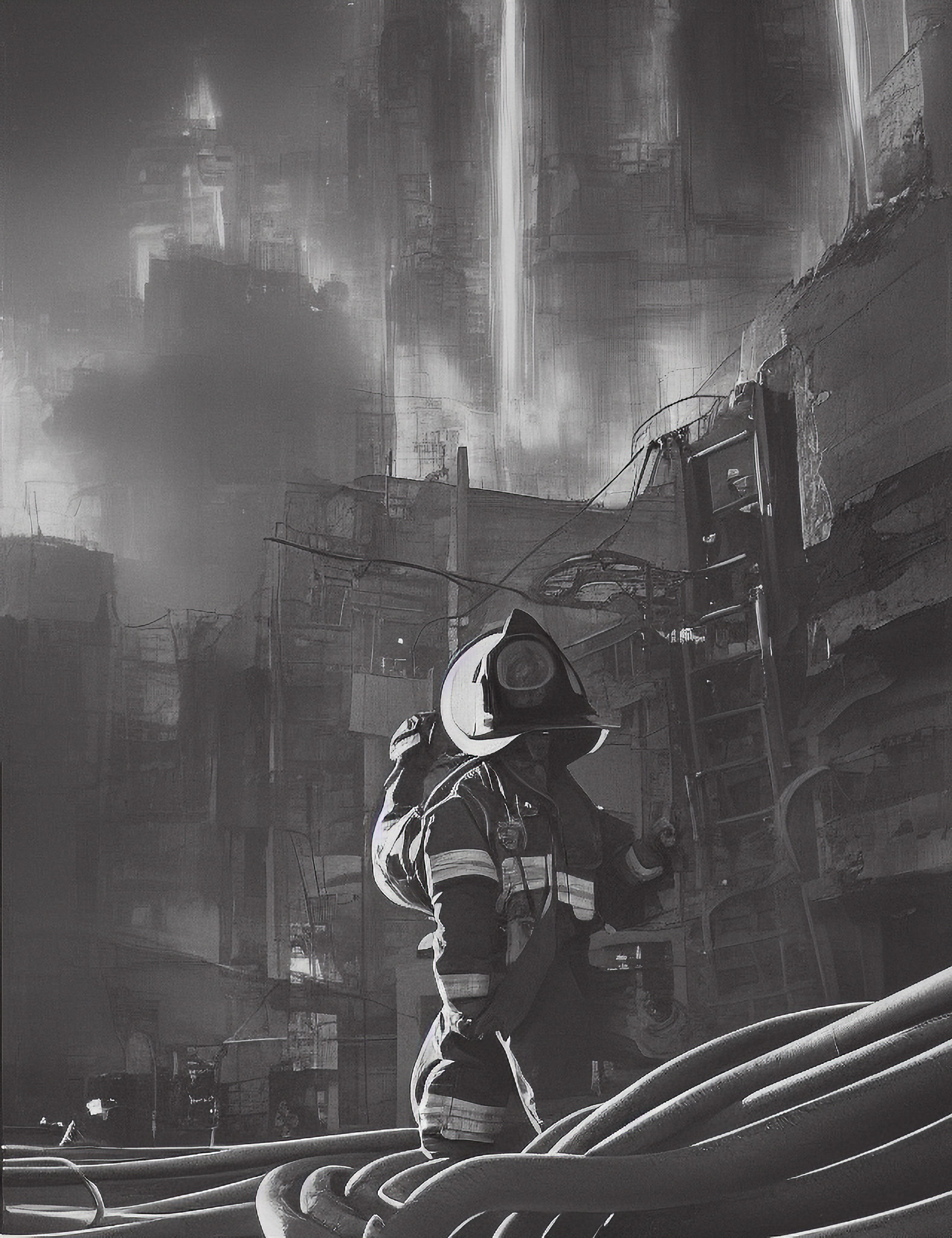 Black and white image of a firefighter in a futuristic city amidst a fire.