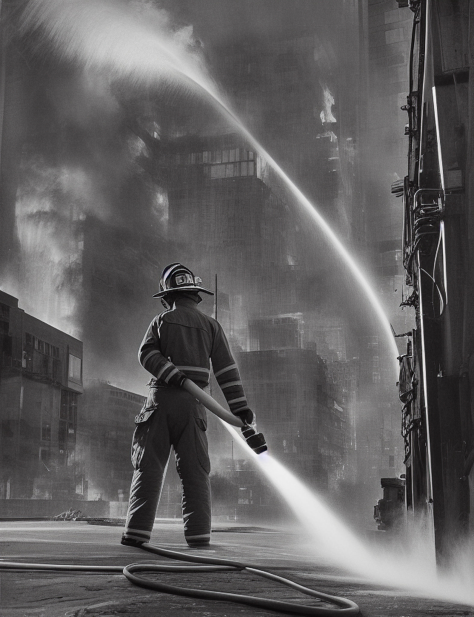 Black and white photo of a firefighter aiming a hose at a burning building.