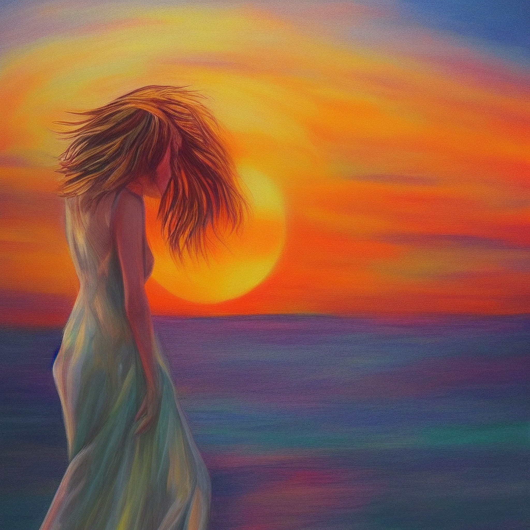 Painting of a woman in a flowing dress, facing away from the viewer, with windblown hair against a vibrant sunset over the ocean.