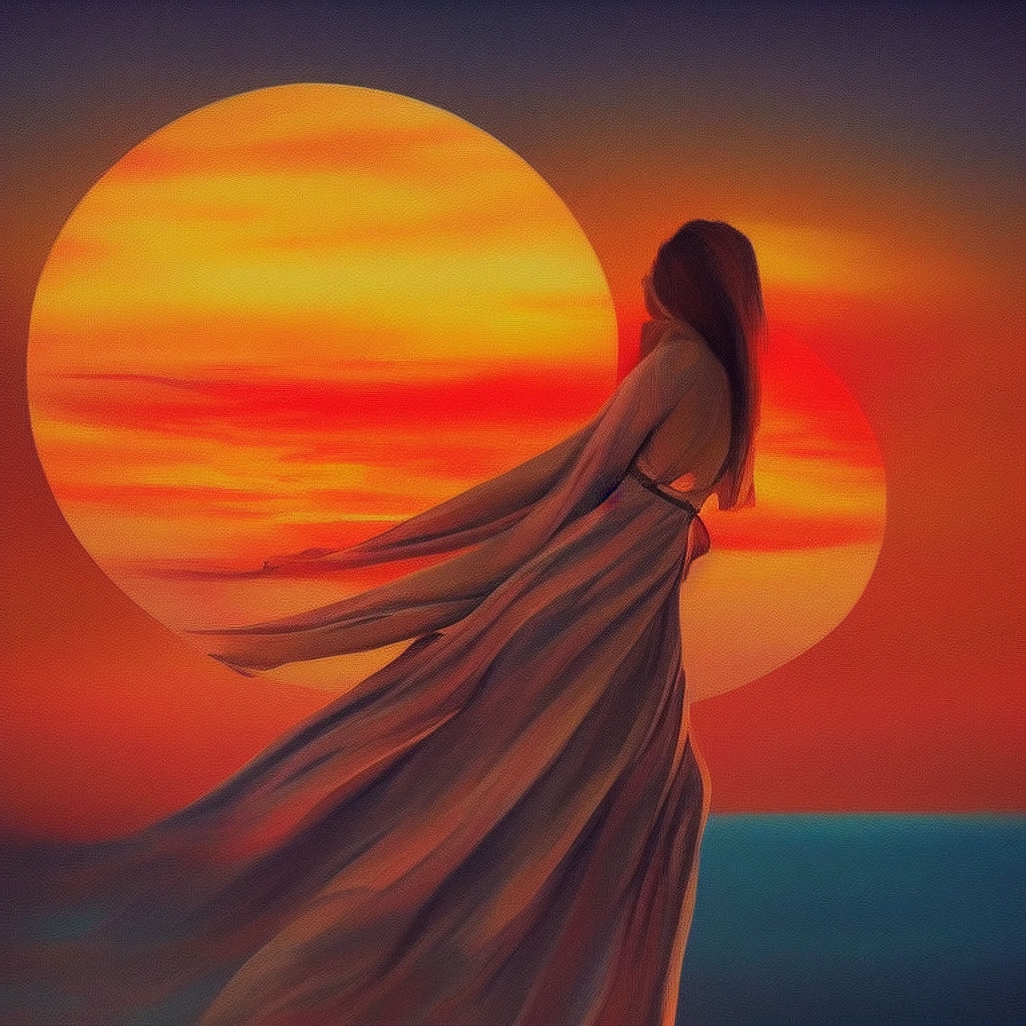 Painting of a woman in a flowing gown standing before a sunset.