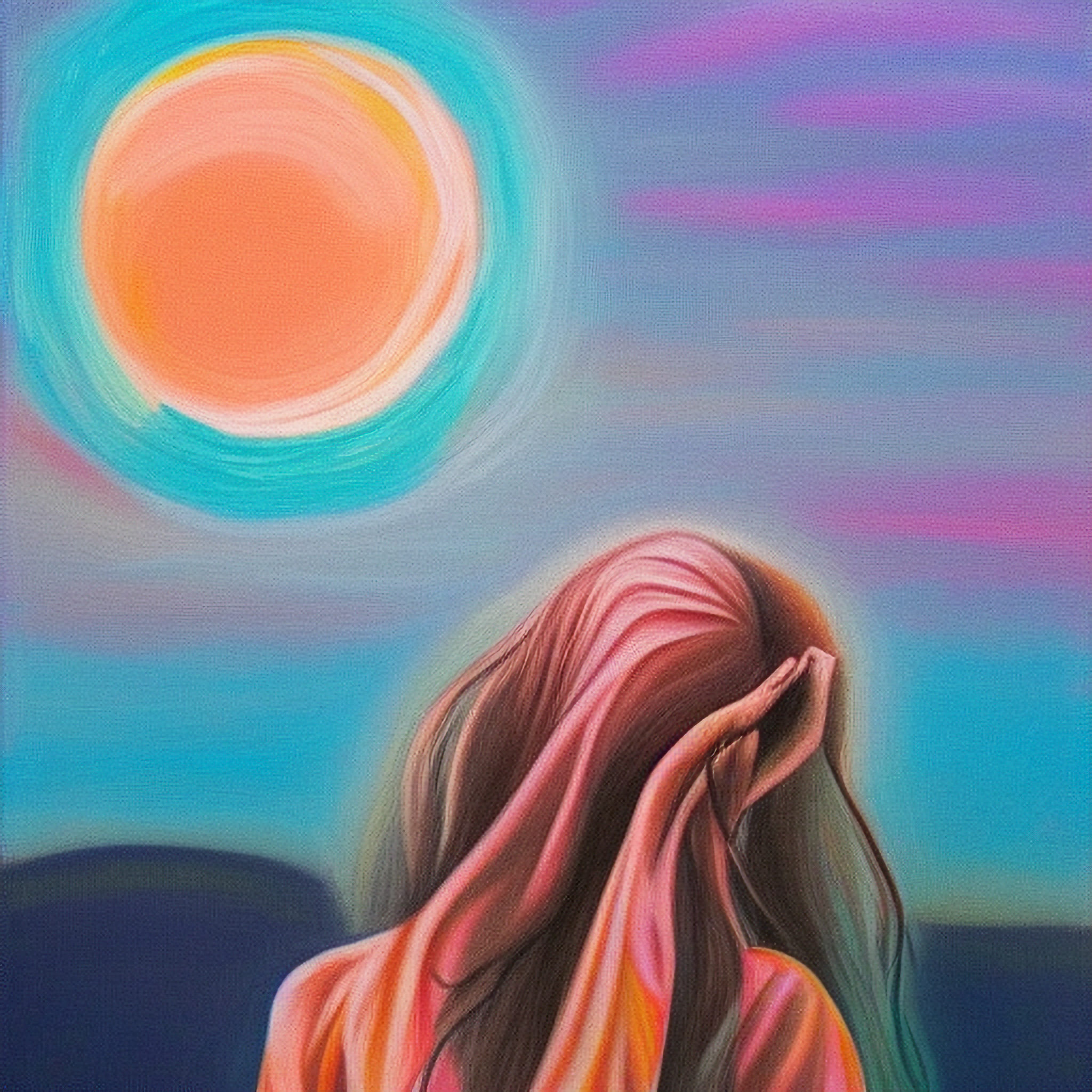 Painting of a woman with long hair covering her face, standing before a large, vibrant orange and teal circle against a purple and blue sky.