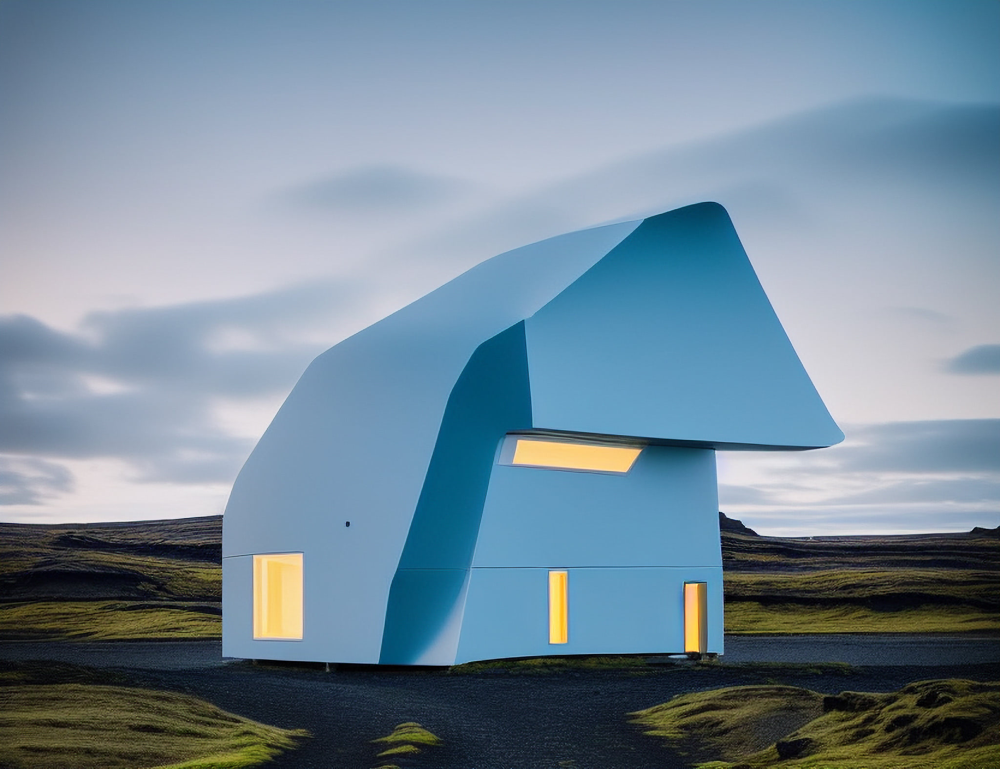Modern blue house with illuminated windows, situated in an Icelandic landscape.