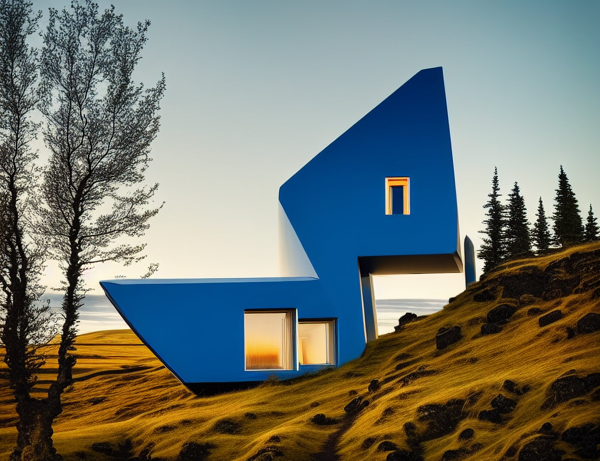 Futuristic blue house on a grassy hillside.