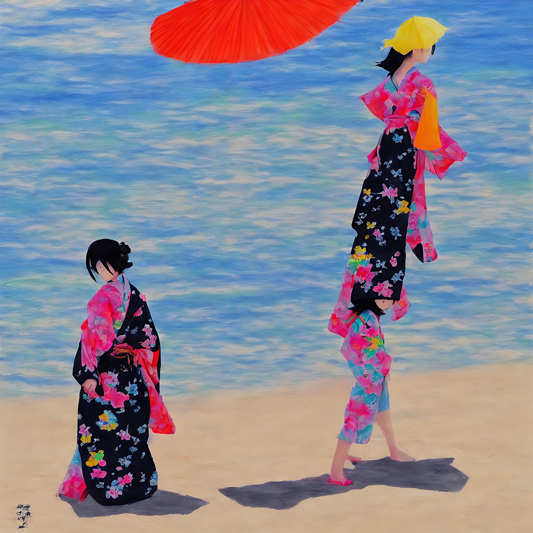 Three women in kimonos on a sunny beach, one carrying another.