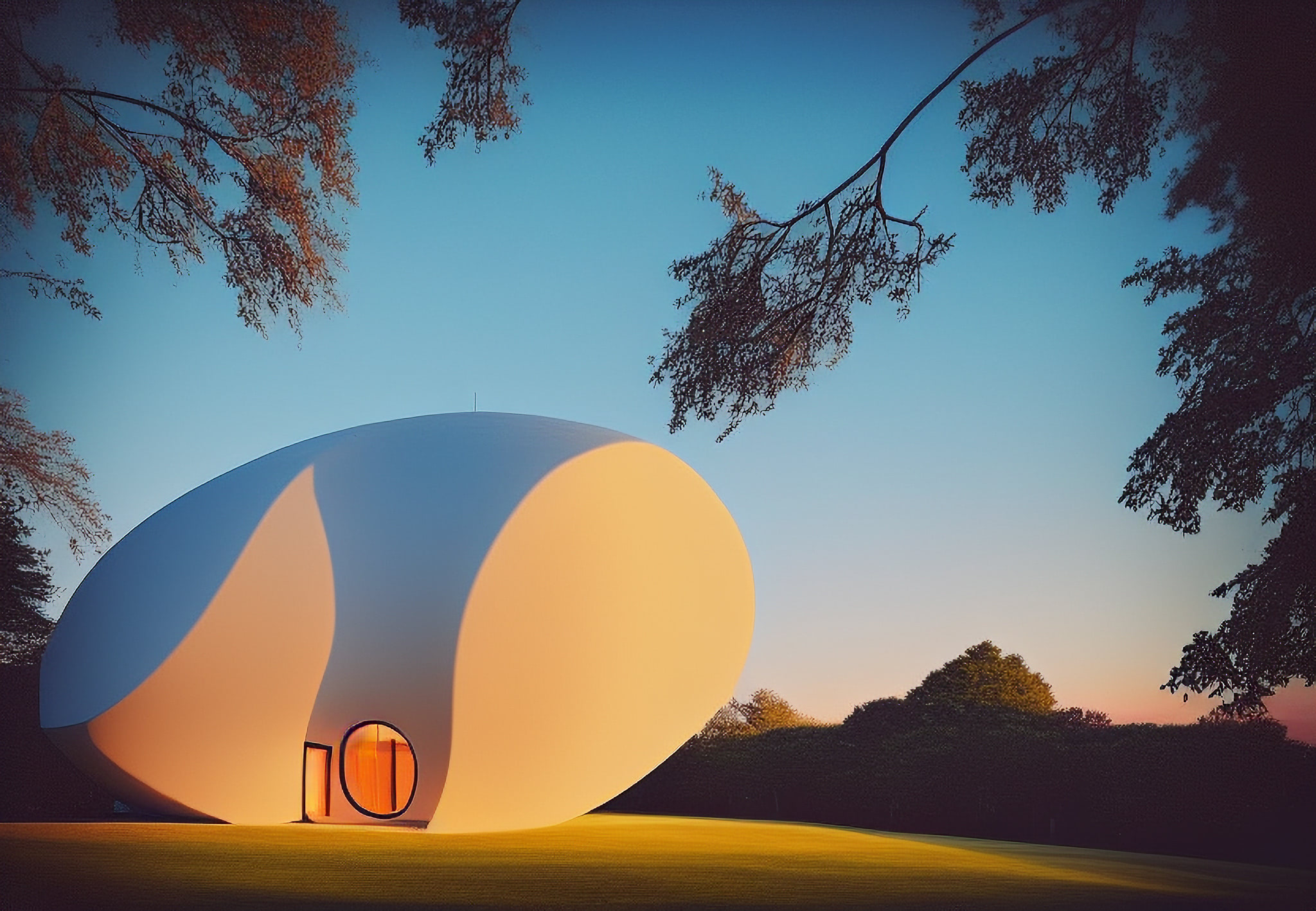 Modern, white, oval-shaped building at sunset.