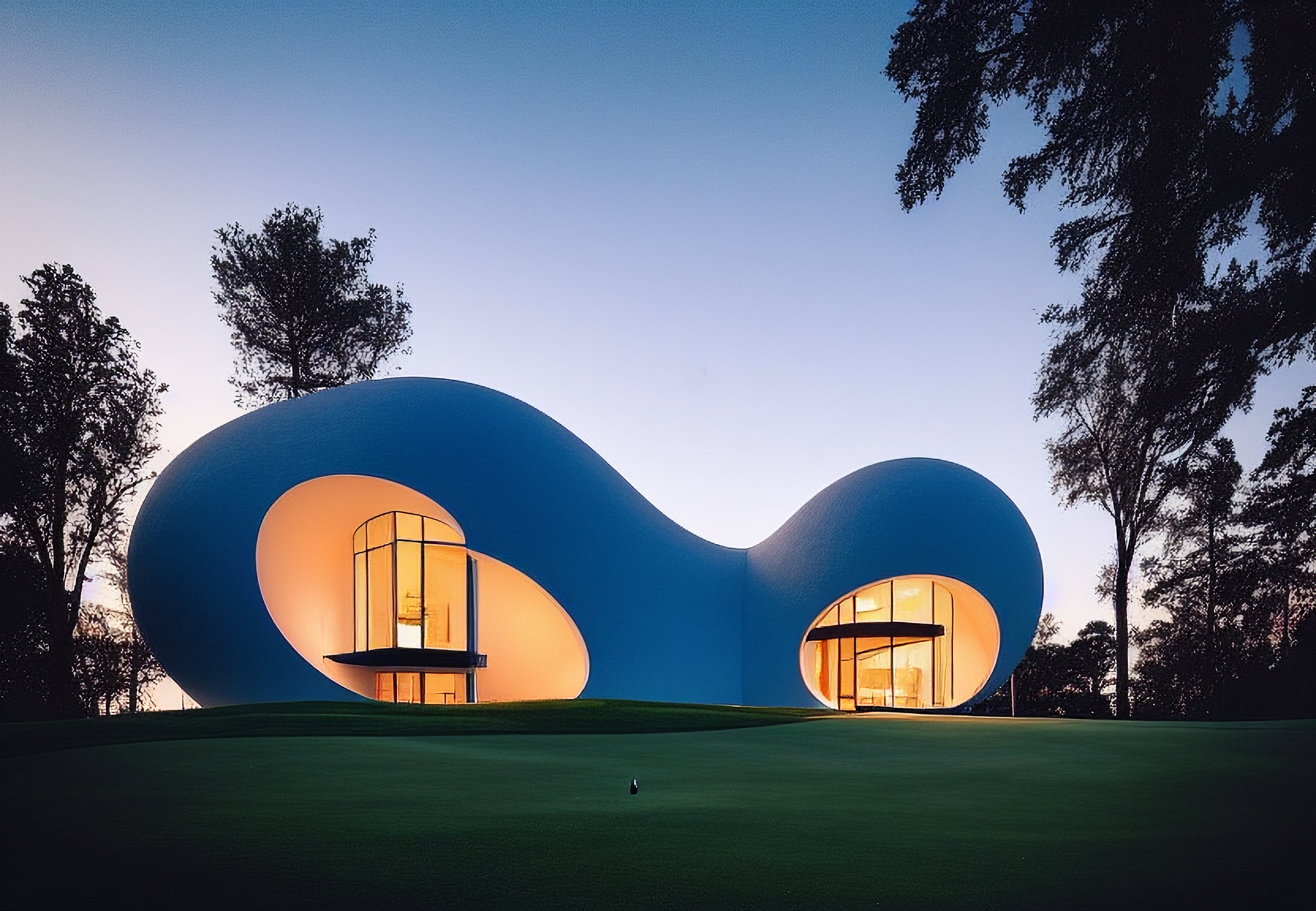 Modern, illuminated, golf ball-shaped house on a green lawn at dusk.