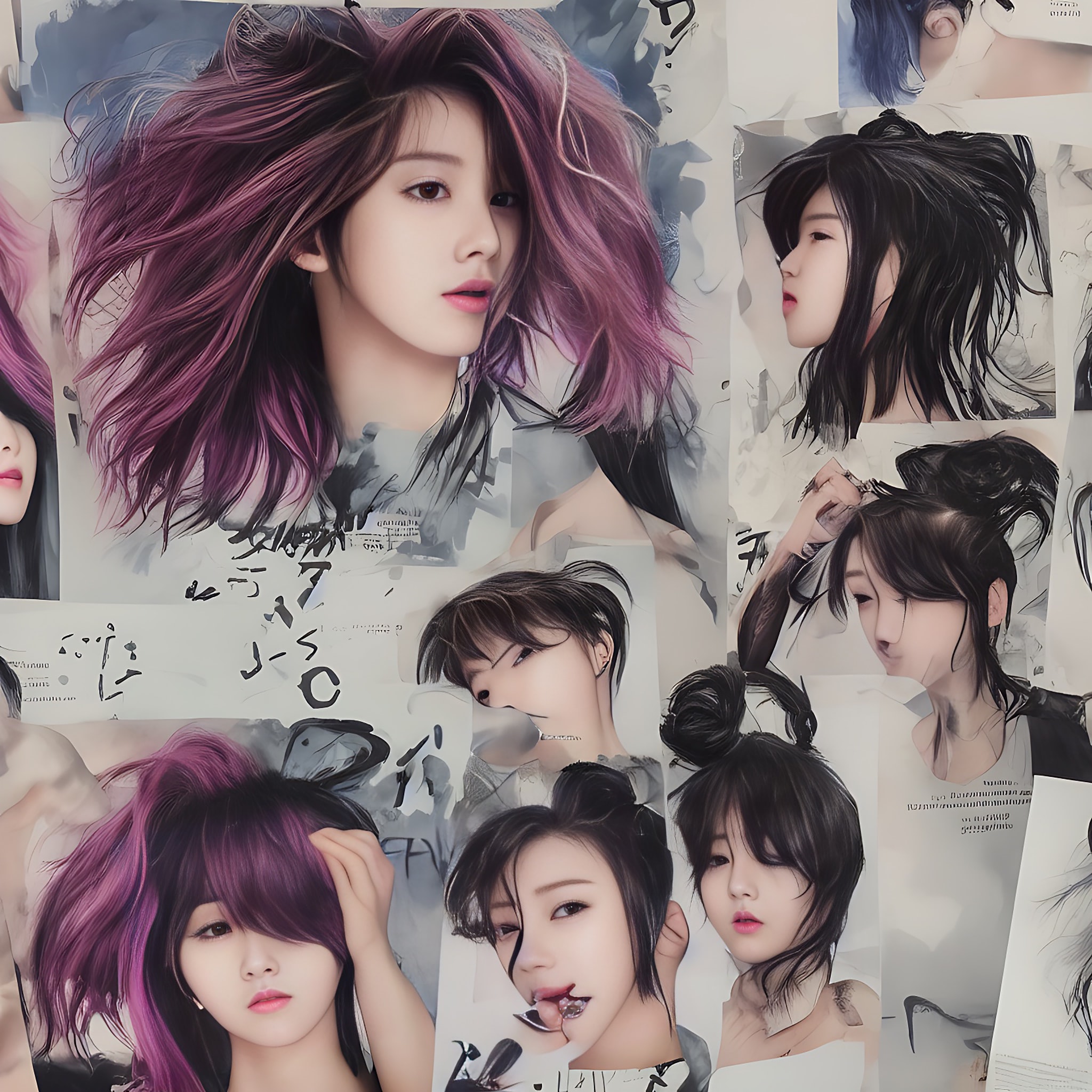 Collage of Asian women with various hairstyles, painted in a style reminiscent of French art.