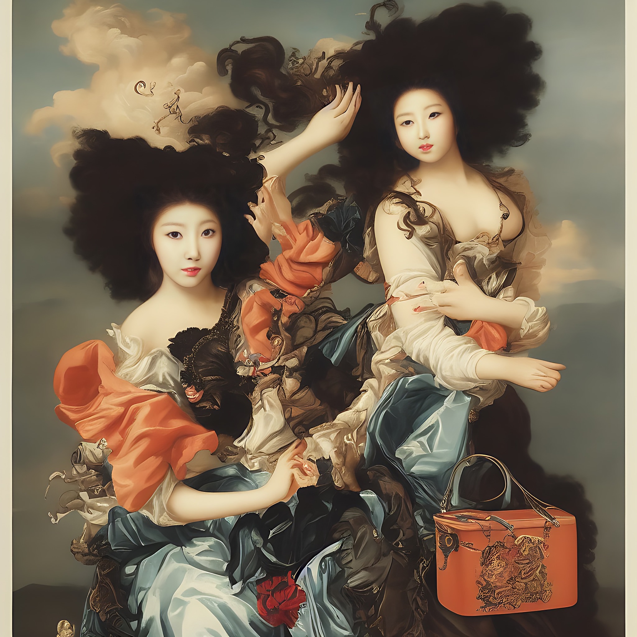 Baroque-style painting of two women with large dark hair, wearing ornate gowns, one holding a handbag.