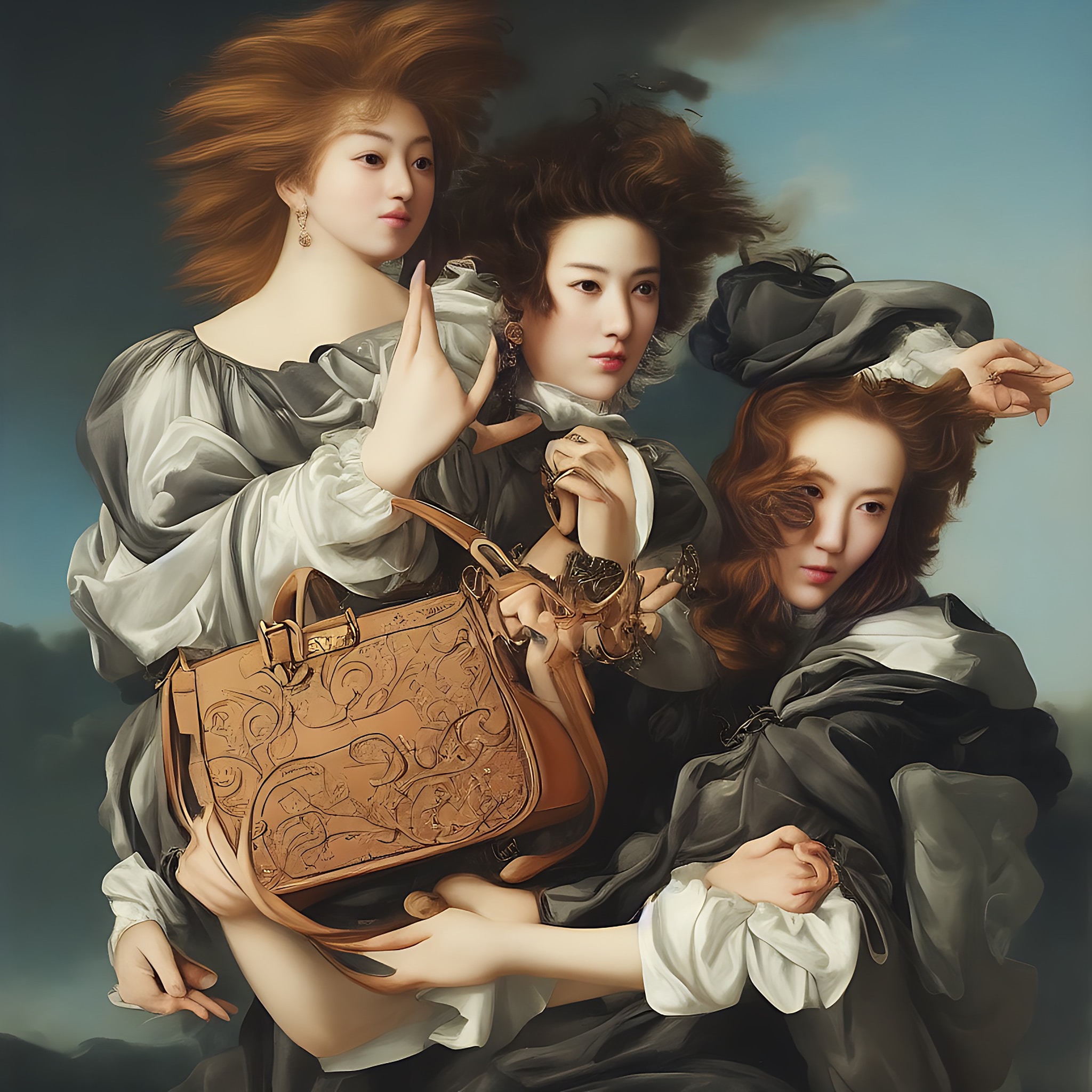 Three women in baroque-style clothing hold a tan handbag.