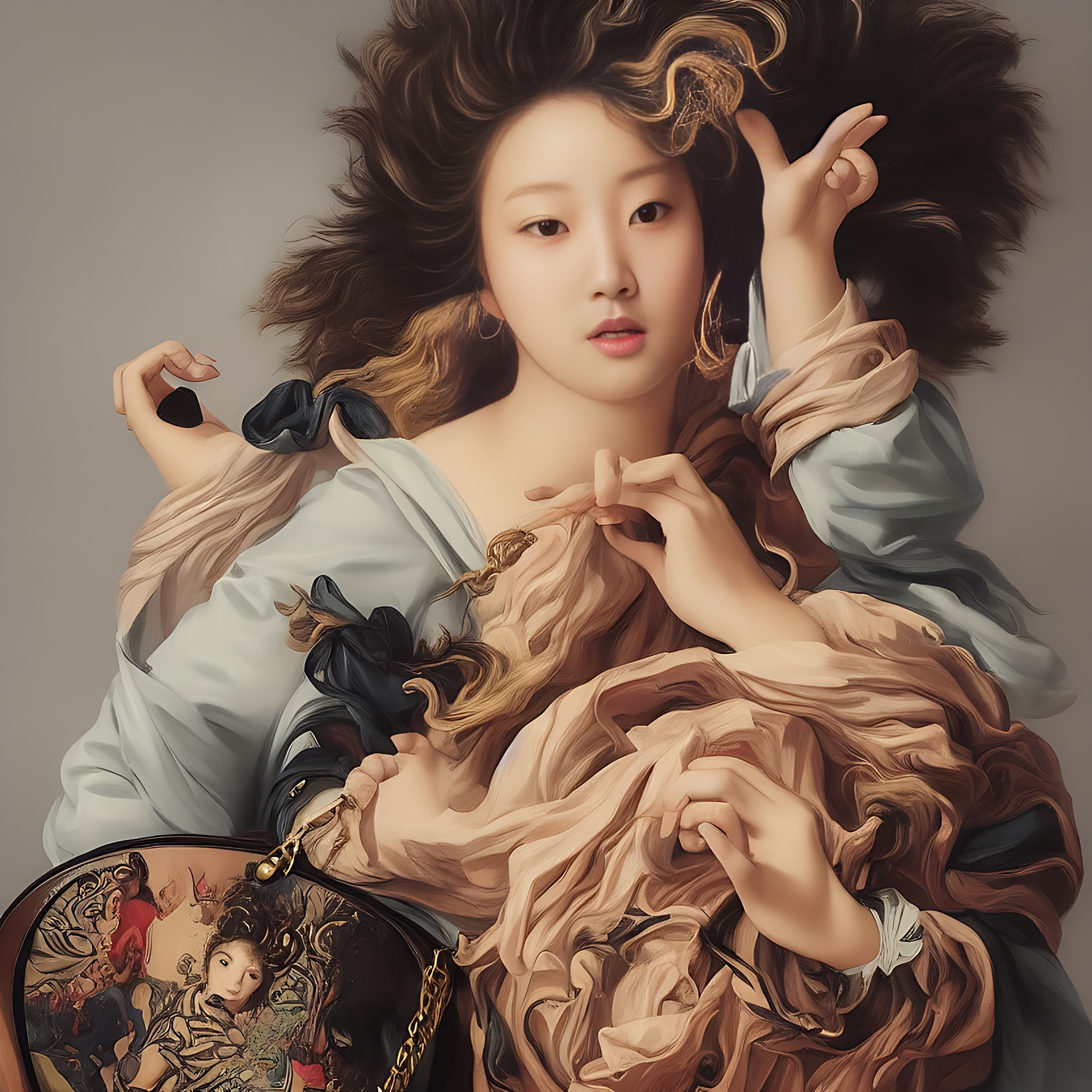Portrait of a young woman with flowing hair, in a baroque painting style, holding a handbag with a painted design.