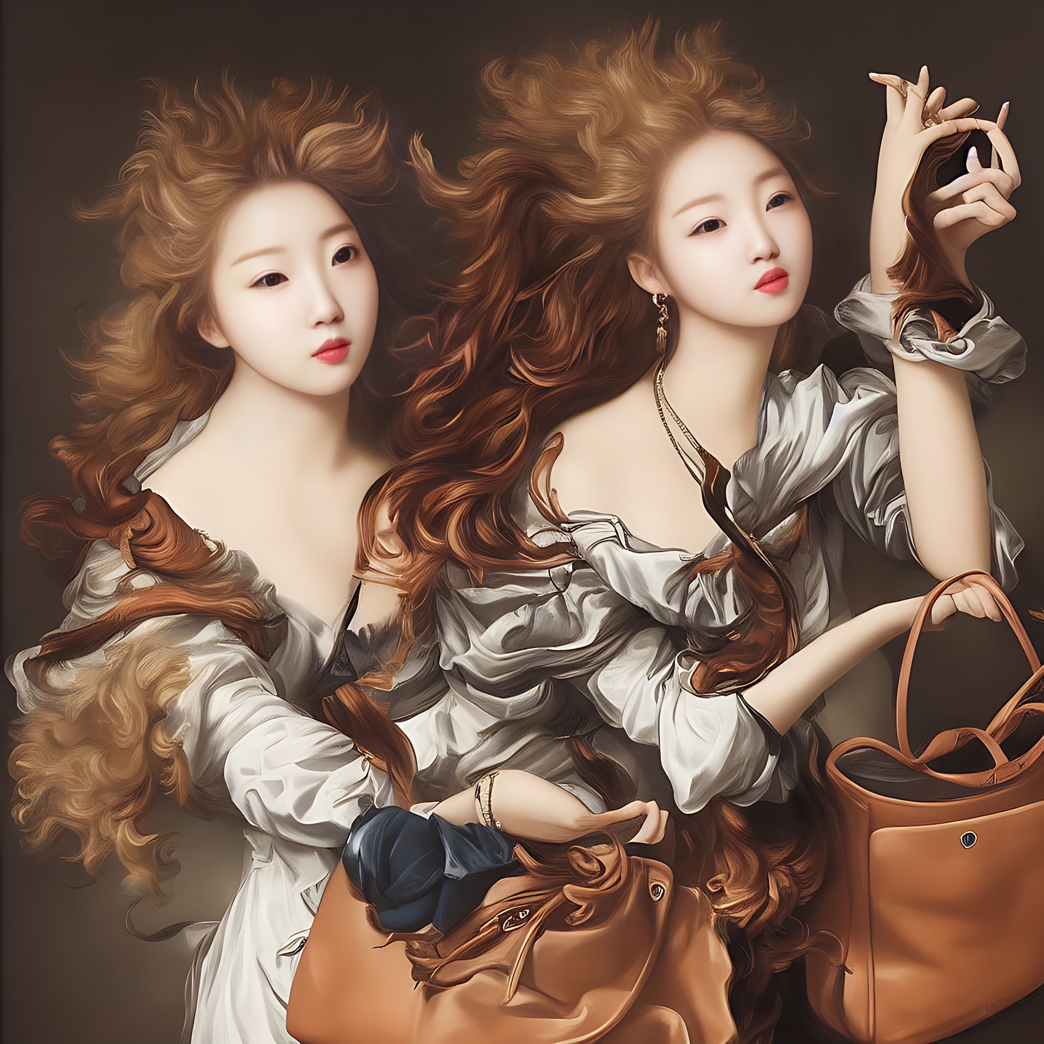 Painting of two women with long brown hair, wearing baroque-style clothing, holding handbags.