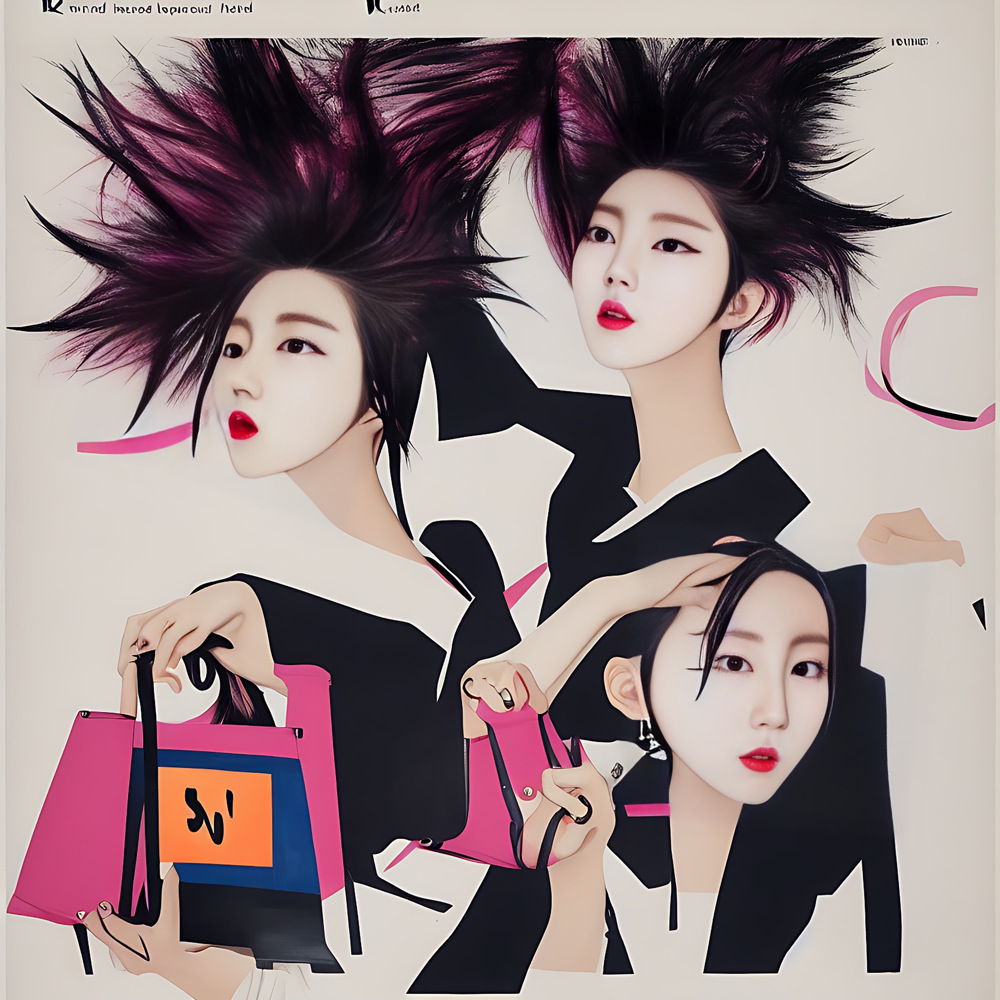 Three women with dramatic hairstyles and pale makeup hold pink handbags against a beige background.