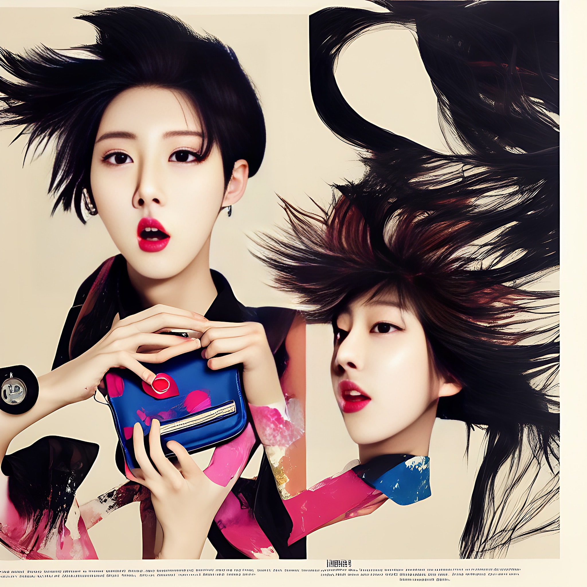 Two young women with dramatic hairstyles model a colorful handbag.