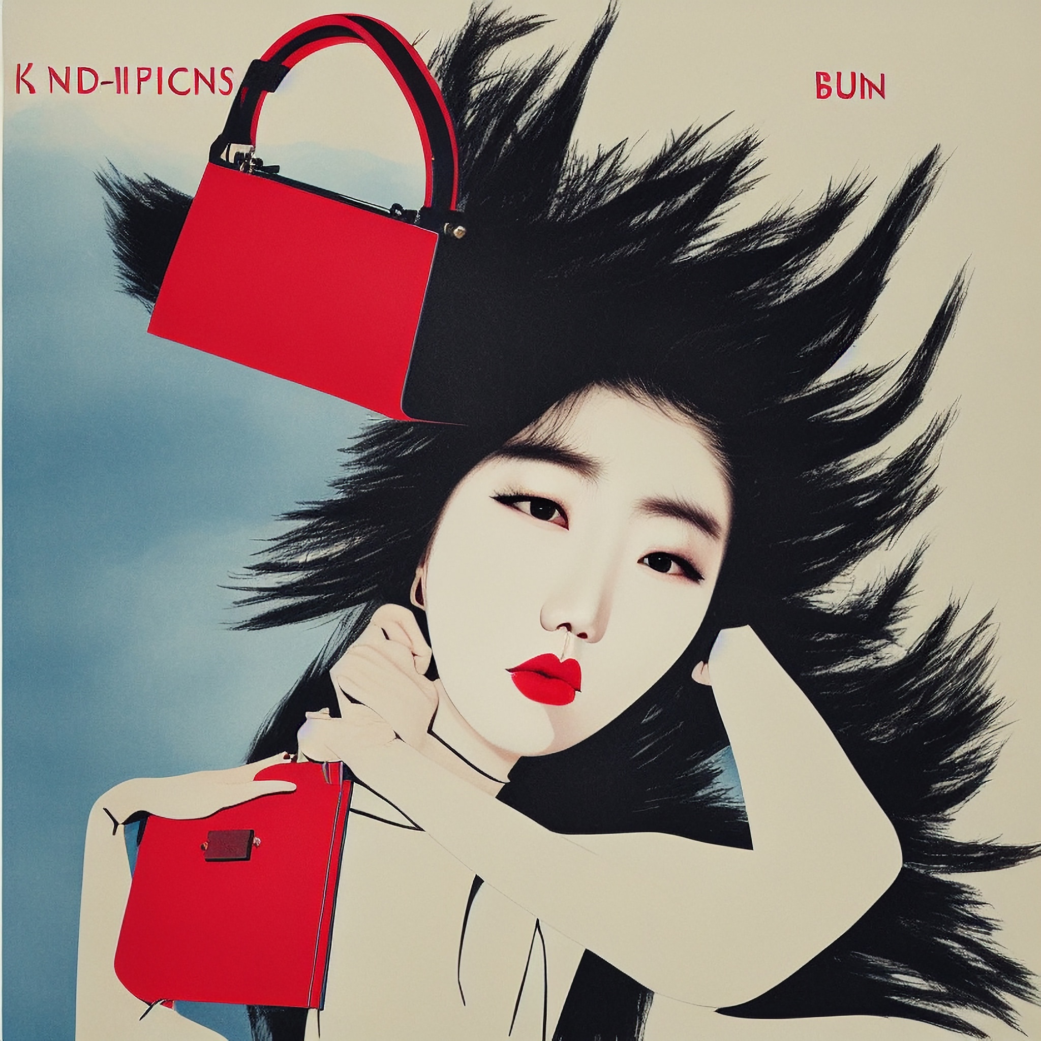Illustration of a woman with dramatic black hair holding two red handbags.