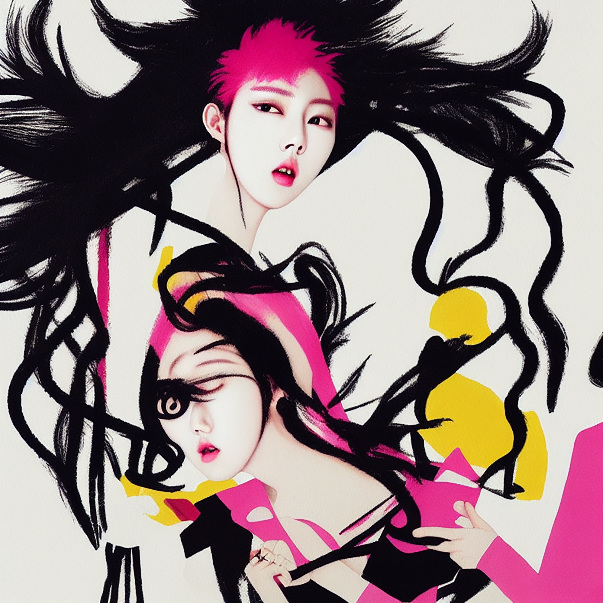 Abstract illustration of two women with flowing black hair, wearing pink and yellow.