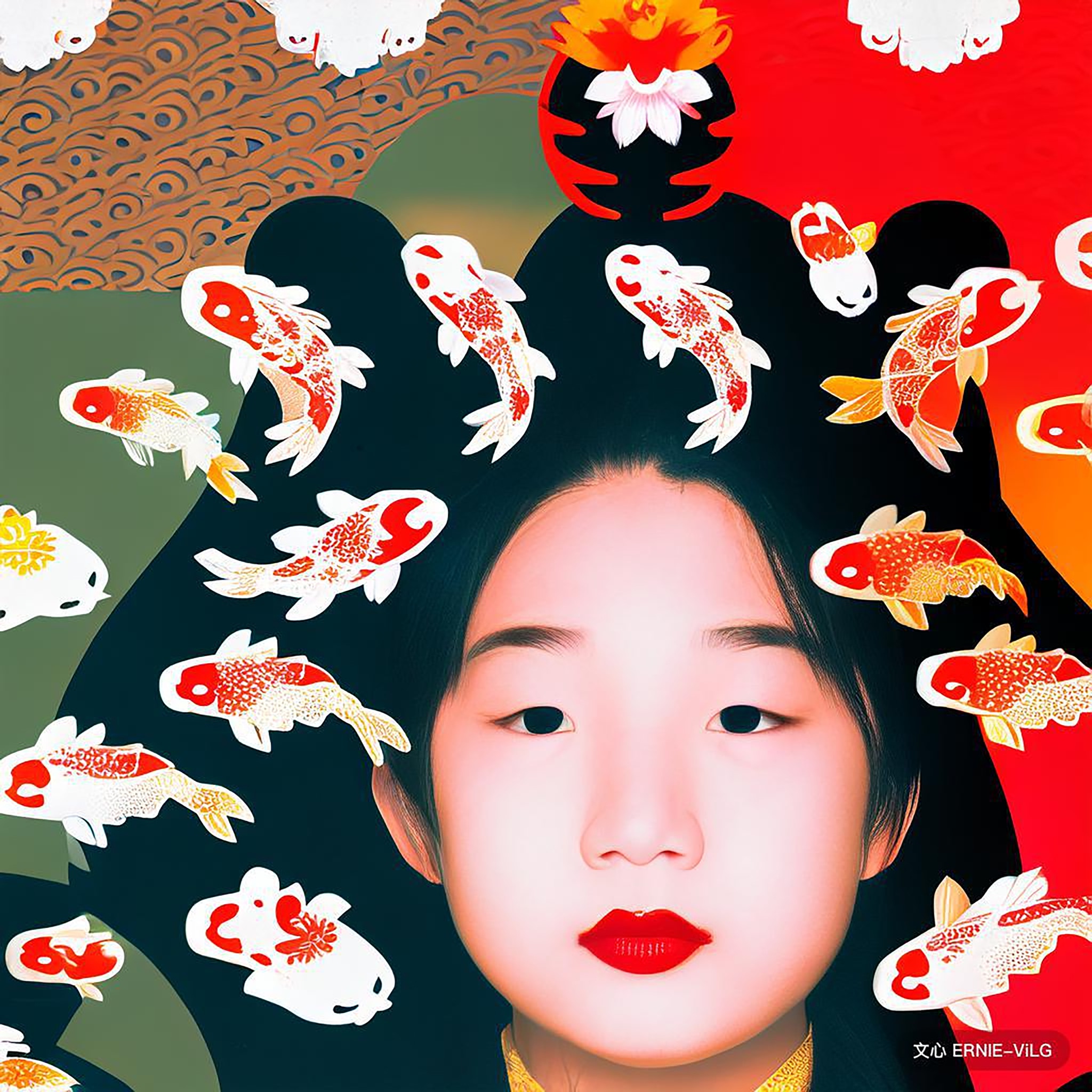 Headshot of a young girl surrounded by stylized koi fish.
