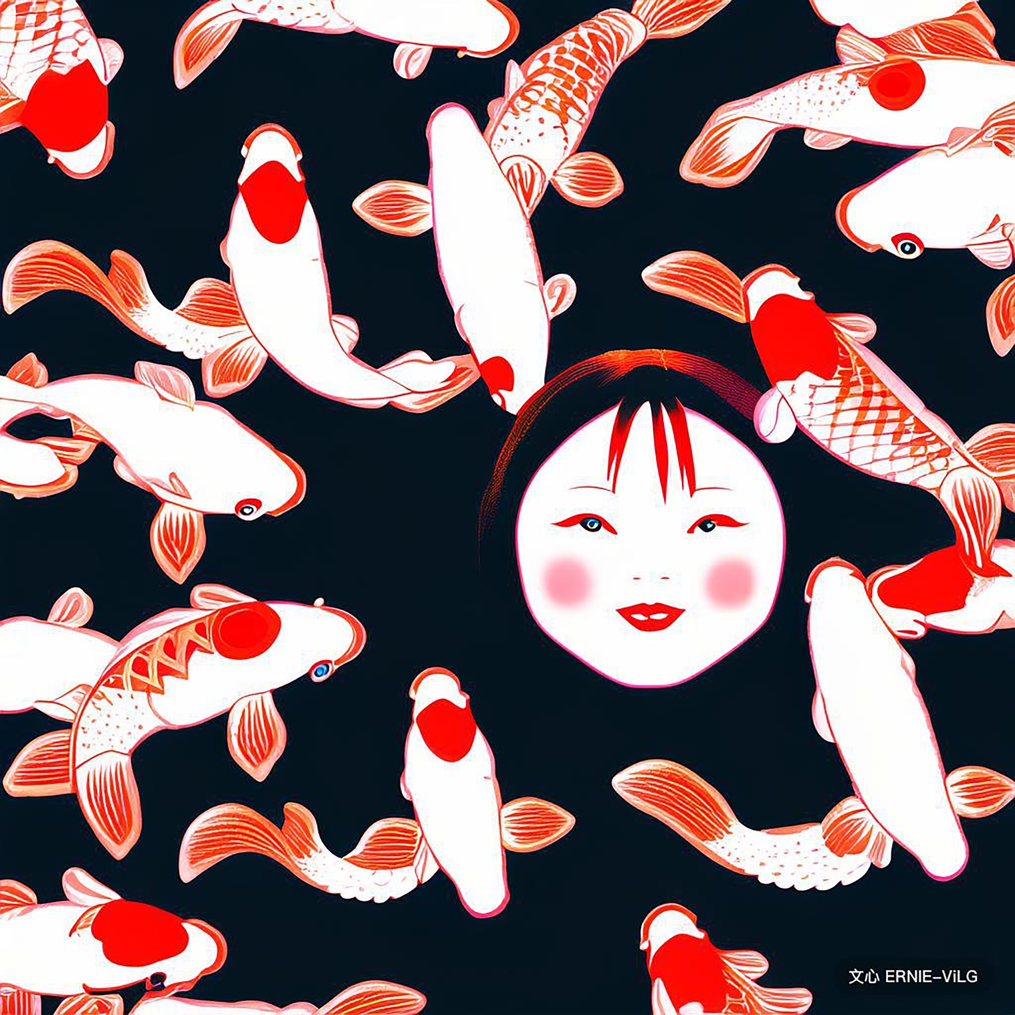 Stylized illustration of a girl's face surrounded by koi fish.