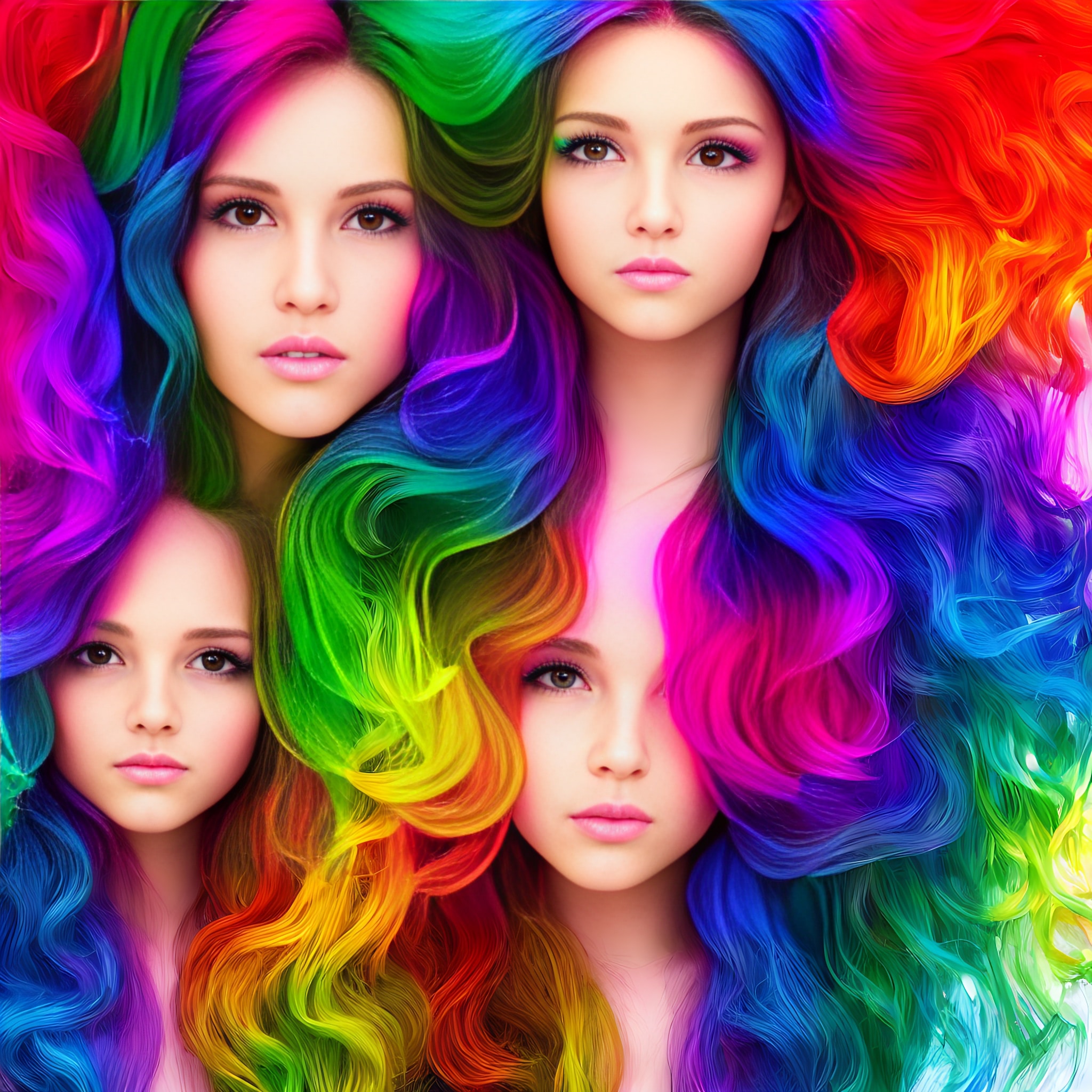 Four women's faces are partially visible, surrounded by vibrant, rainbow-colored hair.