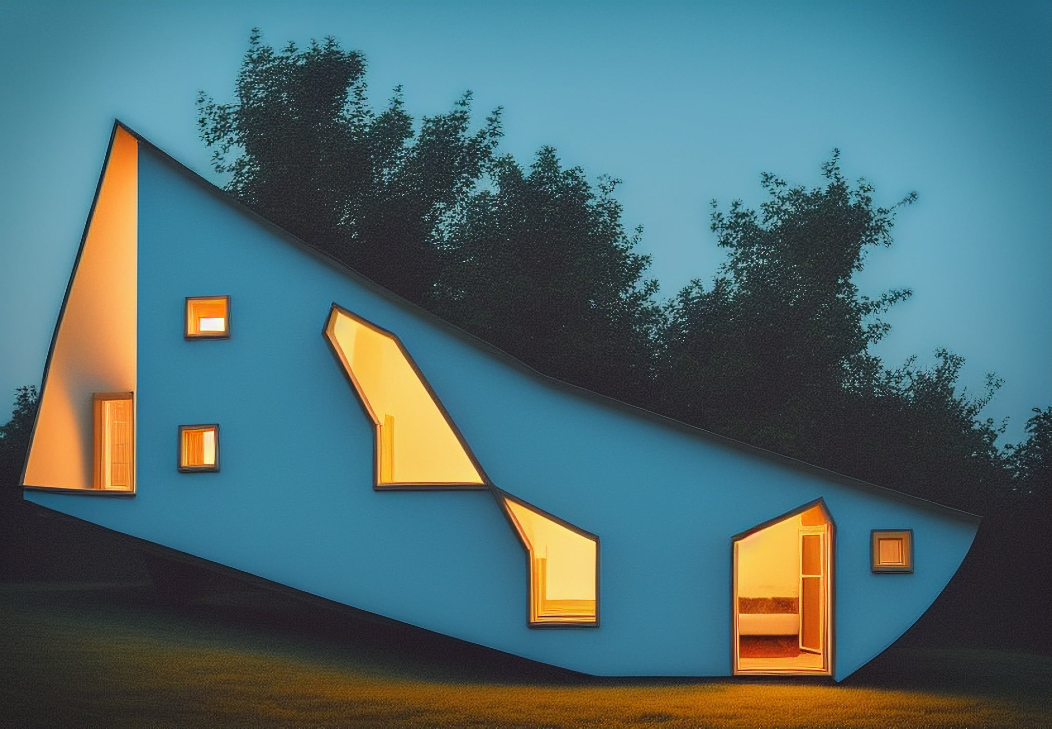 Modern, uniquely-shaped house at night, lit from within.