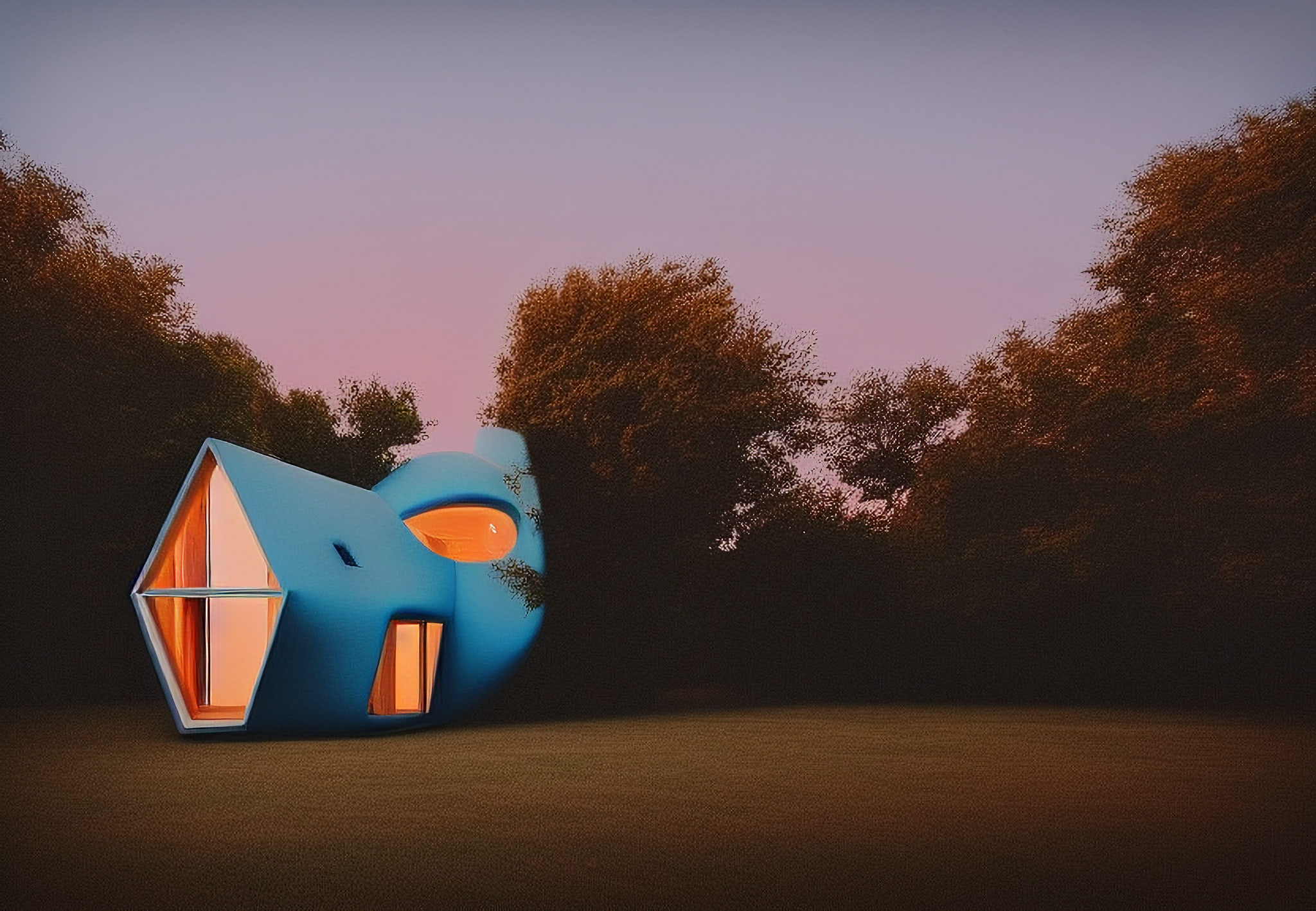 Modern, blue, uniquely shaped house lit from within at dusk.