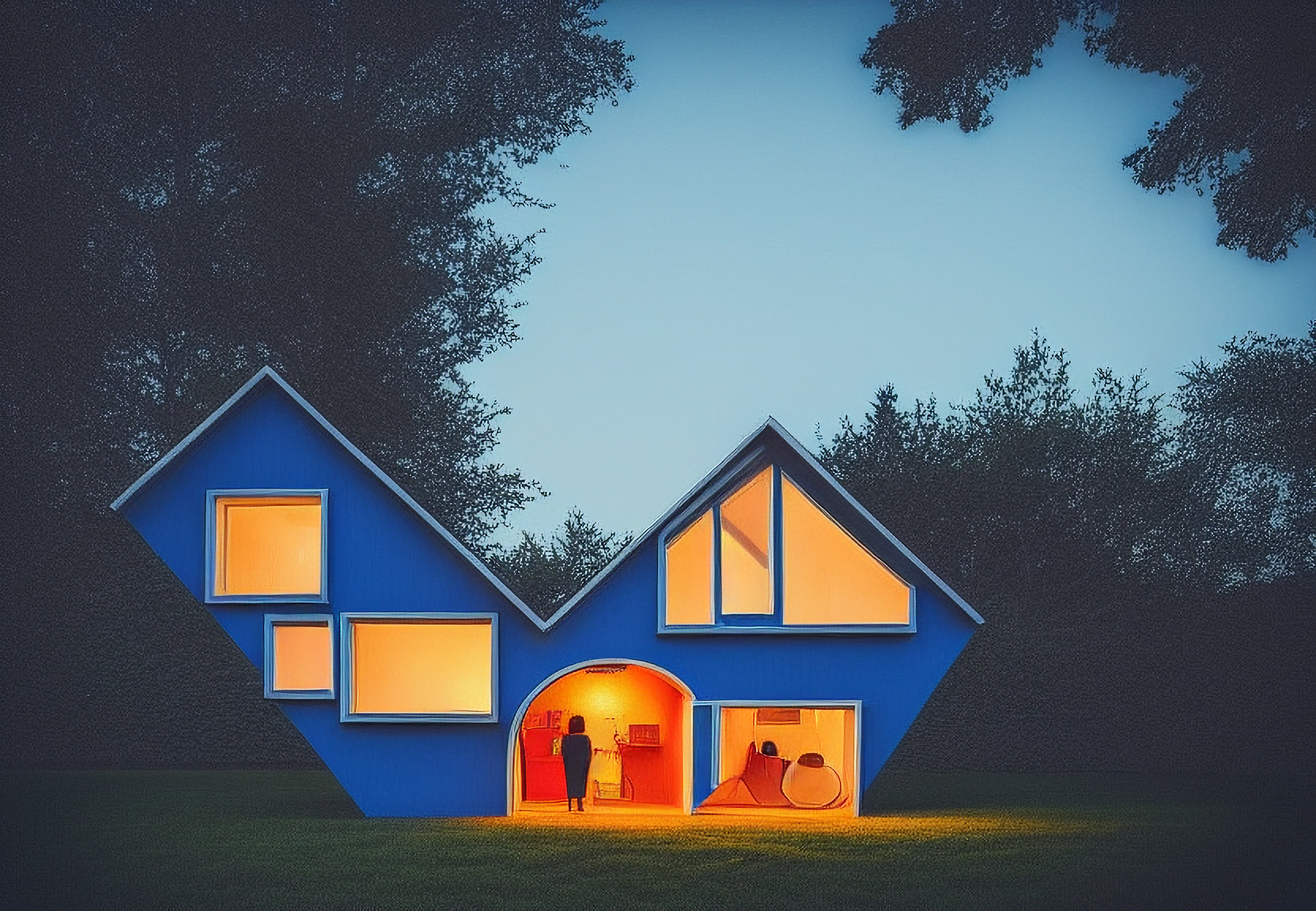A blue, modern house with illuminated windows at night, surrounded by trees.