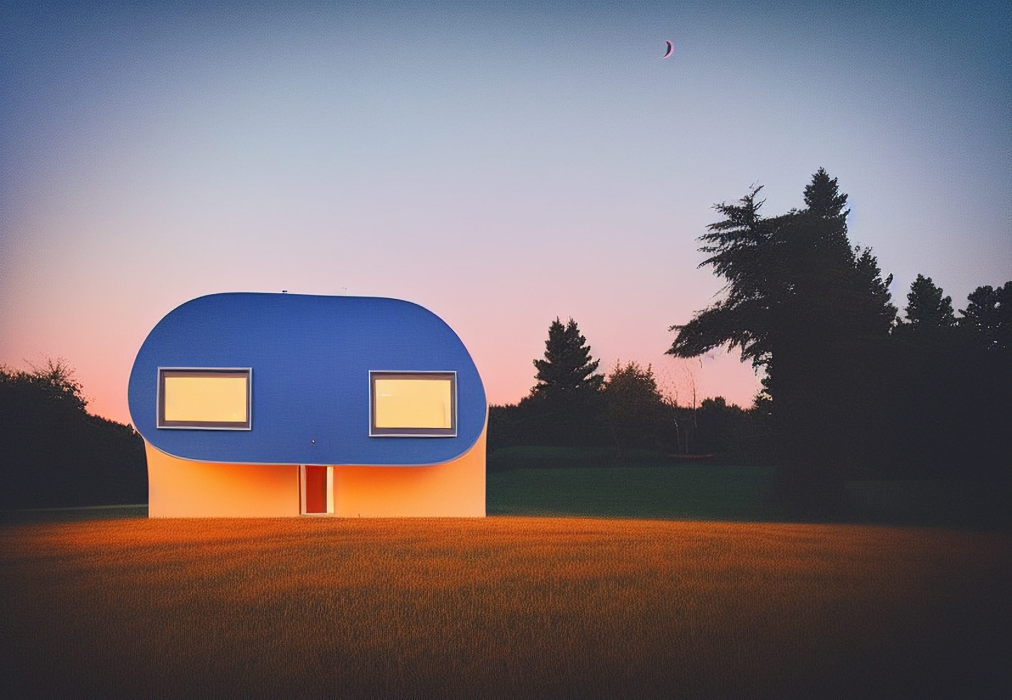 Modern, rounded, two-toned house at dusk with crescent moon.