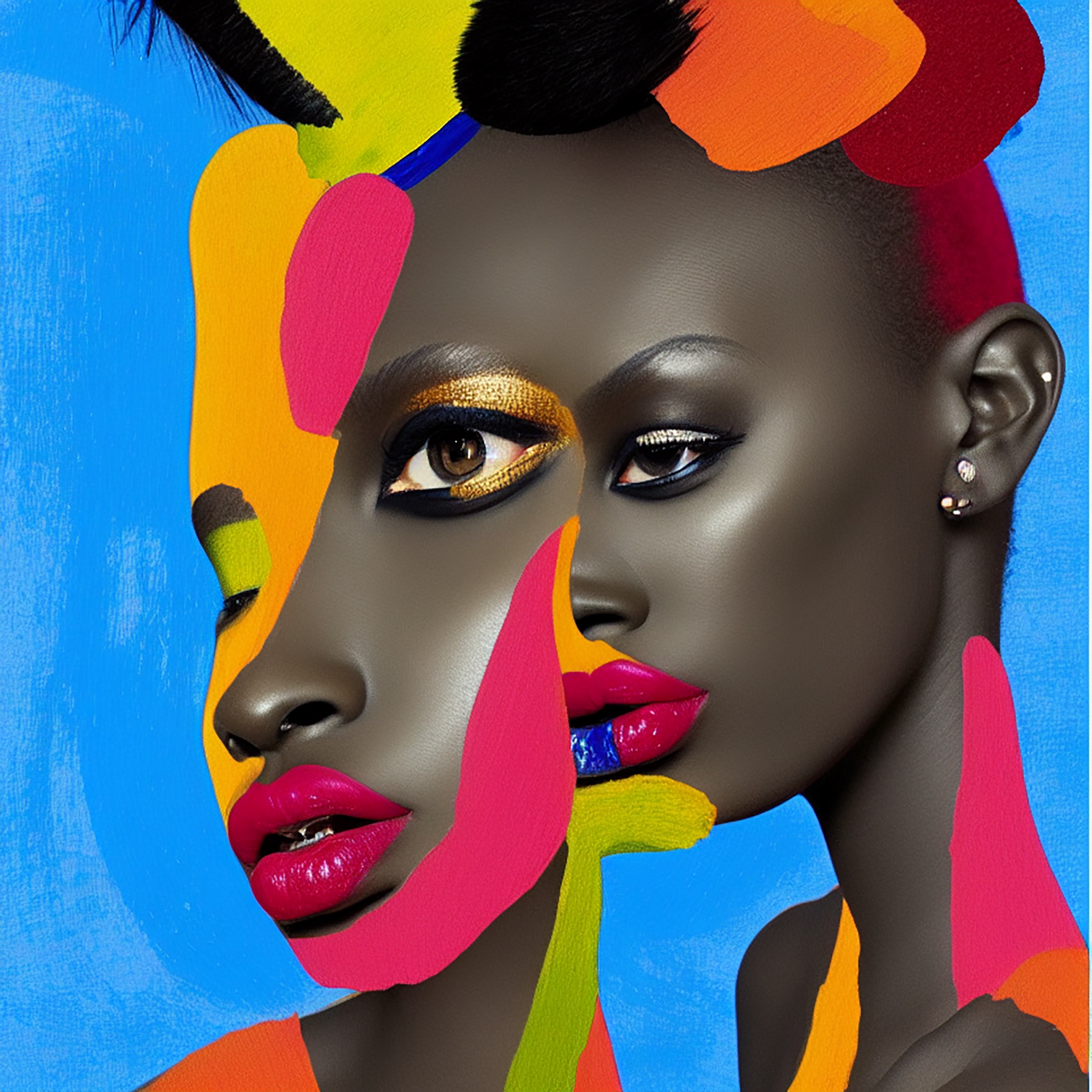 Cubist painting of an African woman's face in vibrant colors.