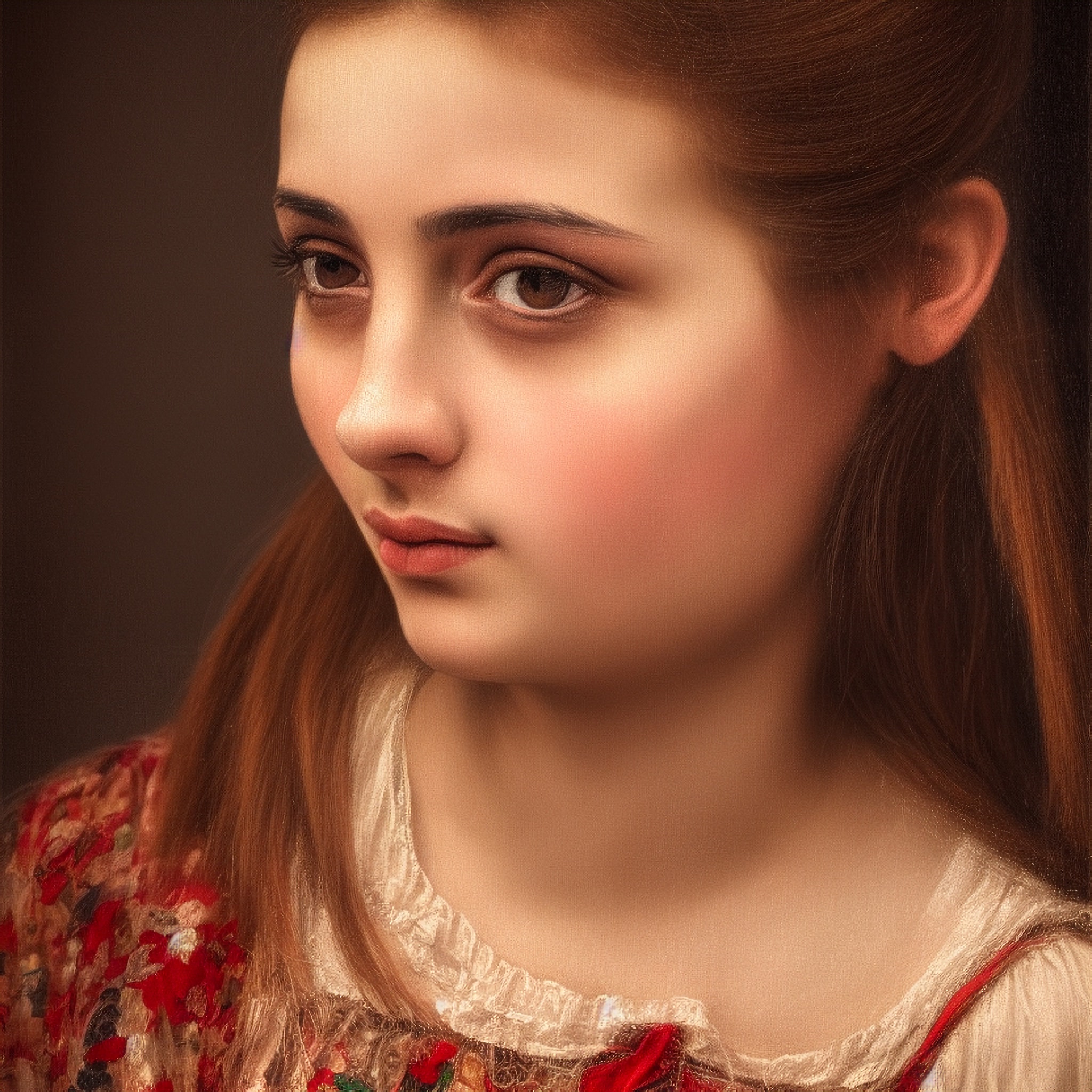 Portrait of a young woman with auburn hair, wearing a traditional Italian dress.