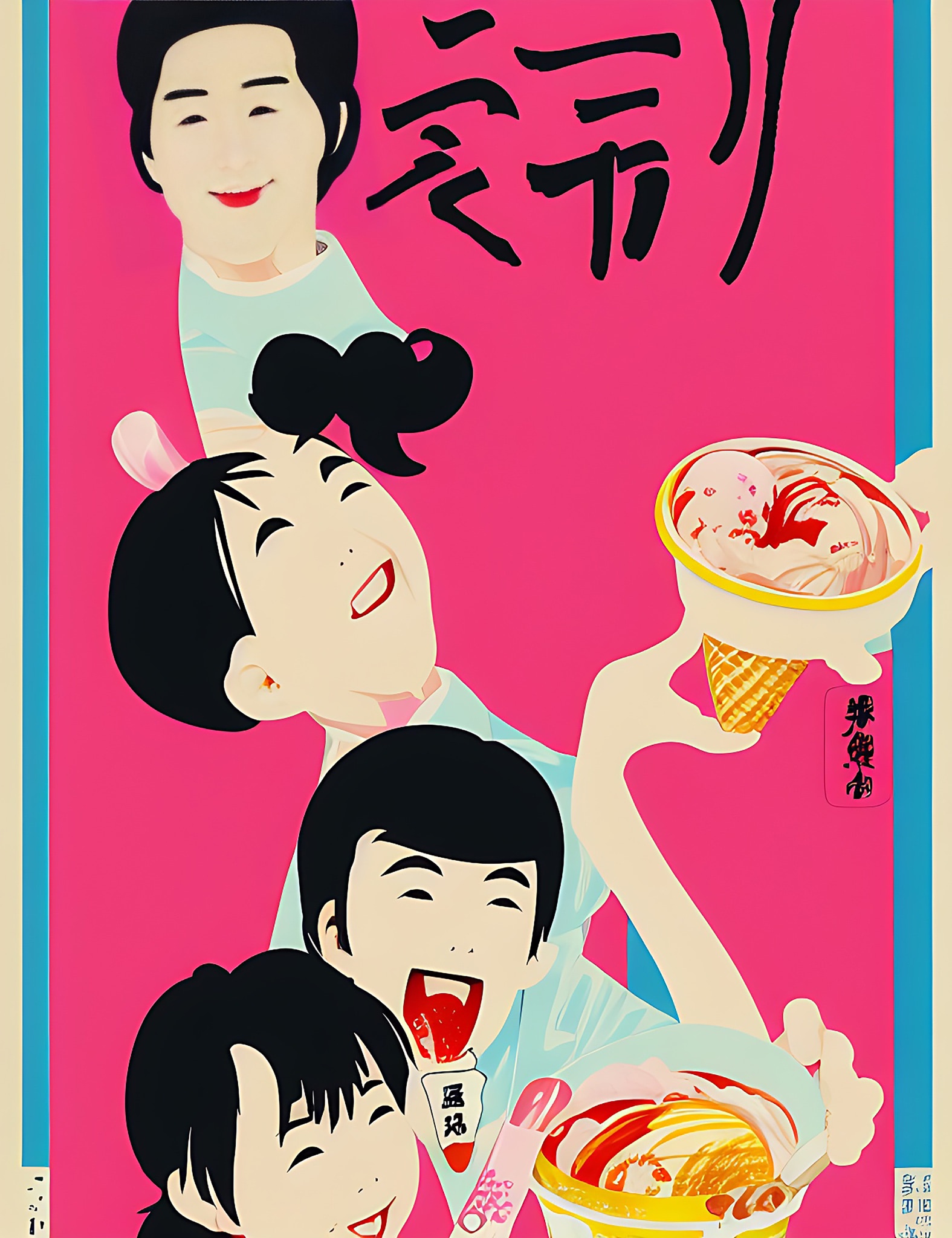 Retro 1980s Japanese ice cream poster featuring stylized illustrations of people enjoying ice cream.