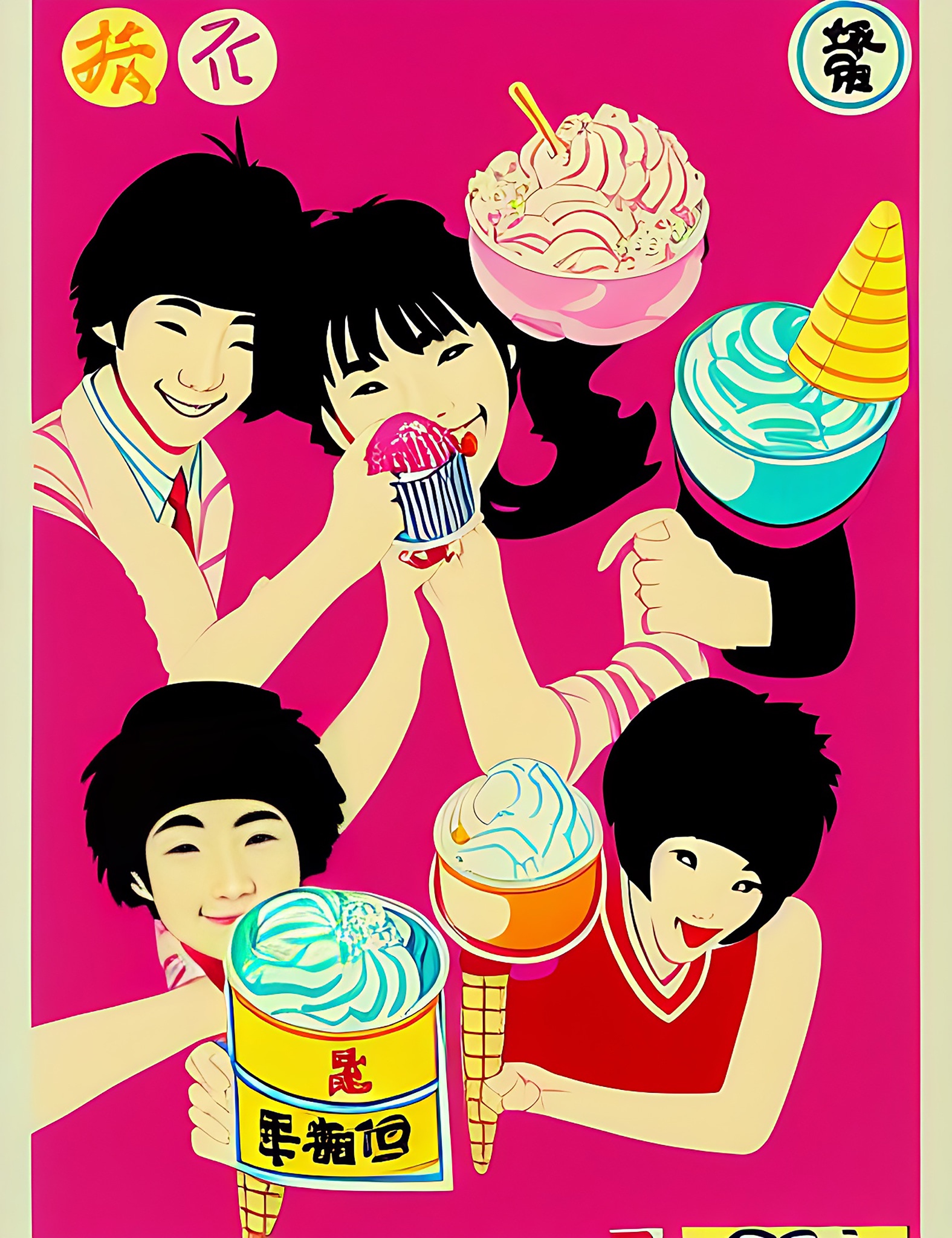 Vintage 1980s Japanese ice cream poster featuring four stylized figures enjoying various ice cream treats.