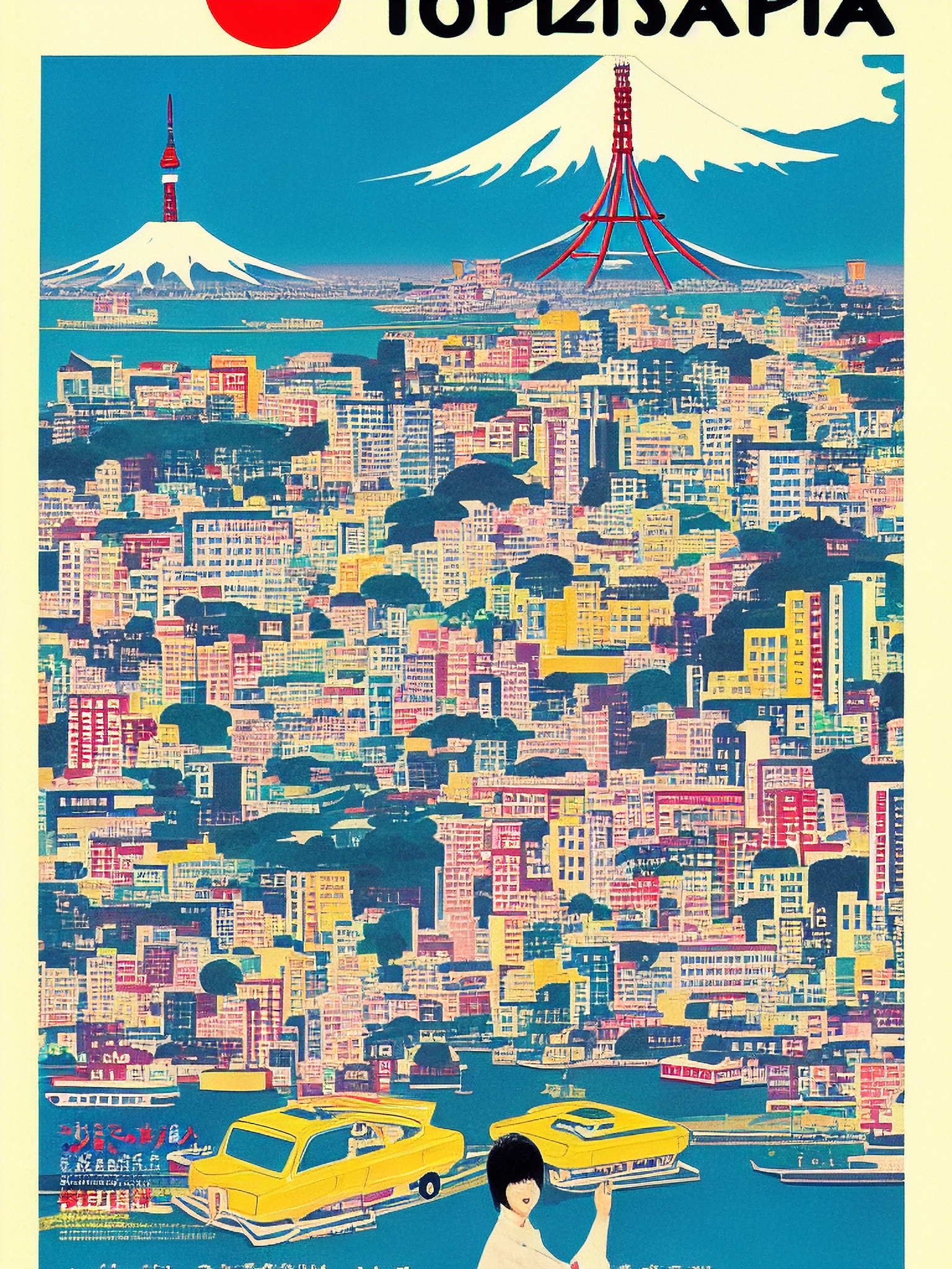 1970s Japanese travel poster featuring Tokyo skyline, Mt. Fuji, and futuristic cars.